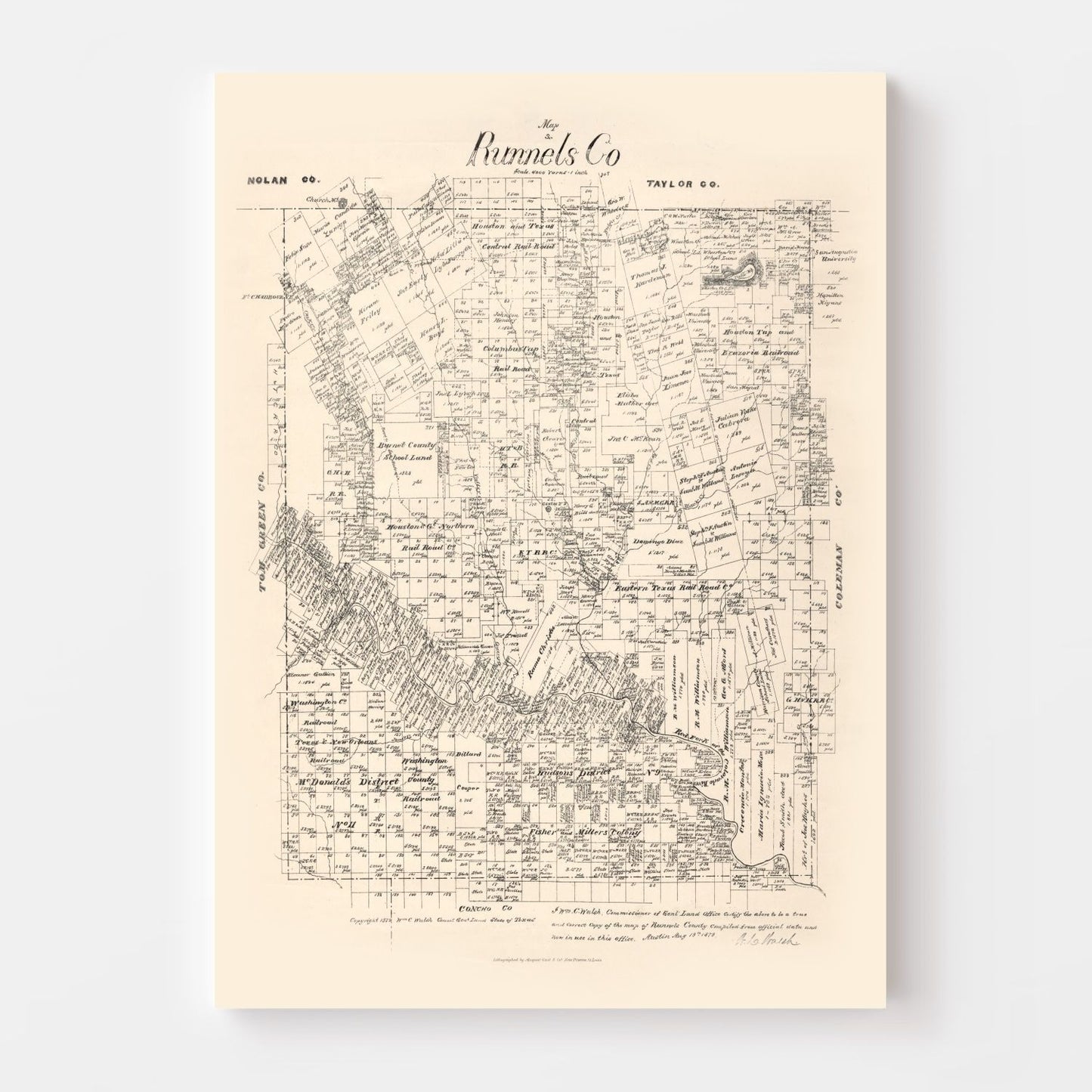 Vintage Map of Runnels County, Texas, 1879