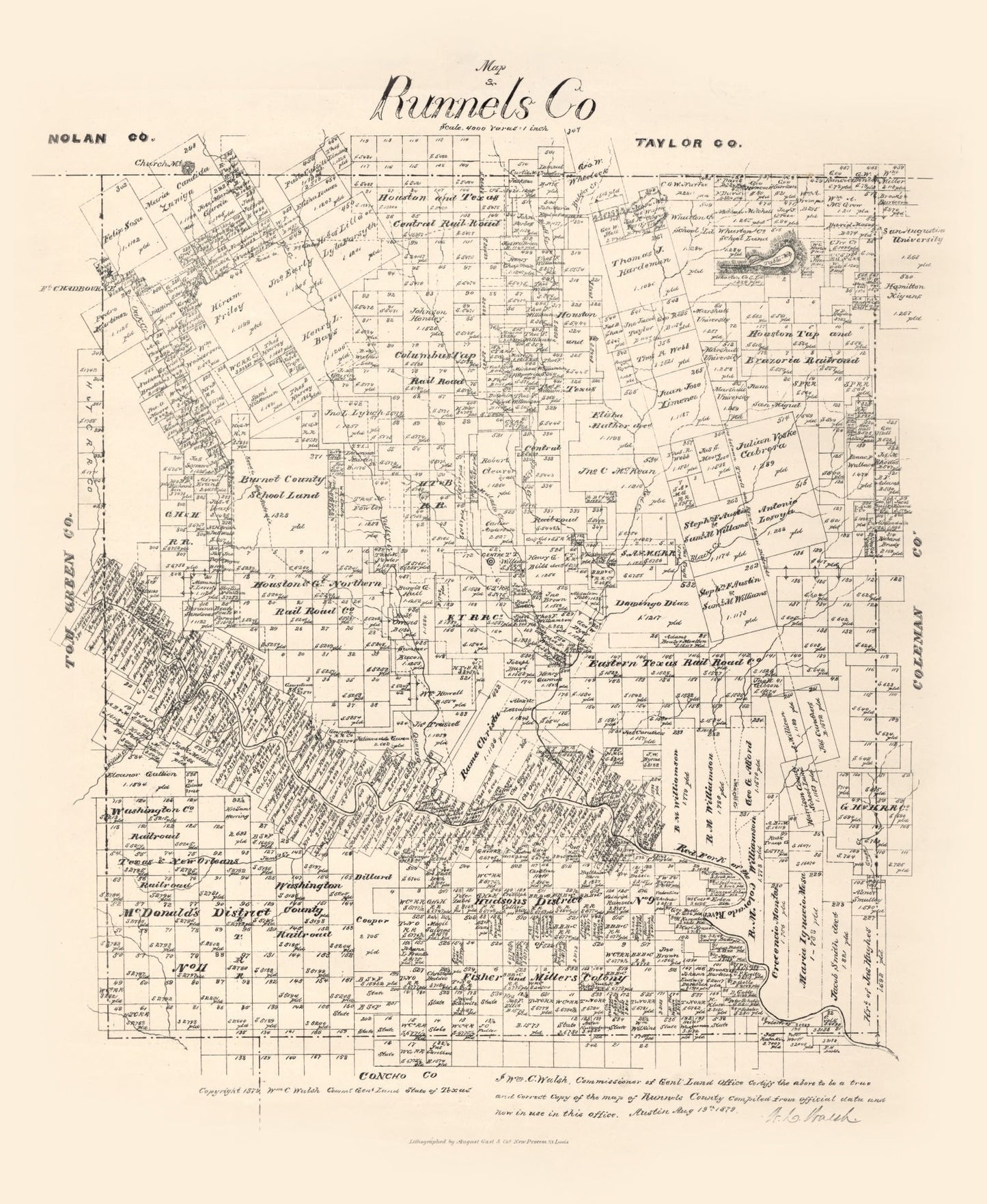 Vintage Map of Runnels County, Texas, 1879