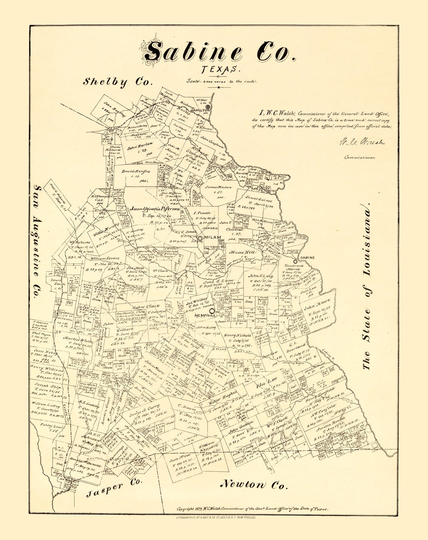 Vintage Map of Sabine County, Texas, 1879