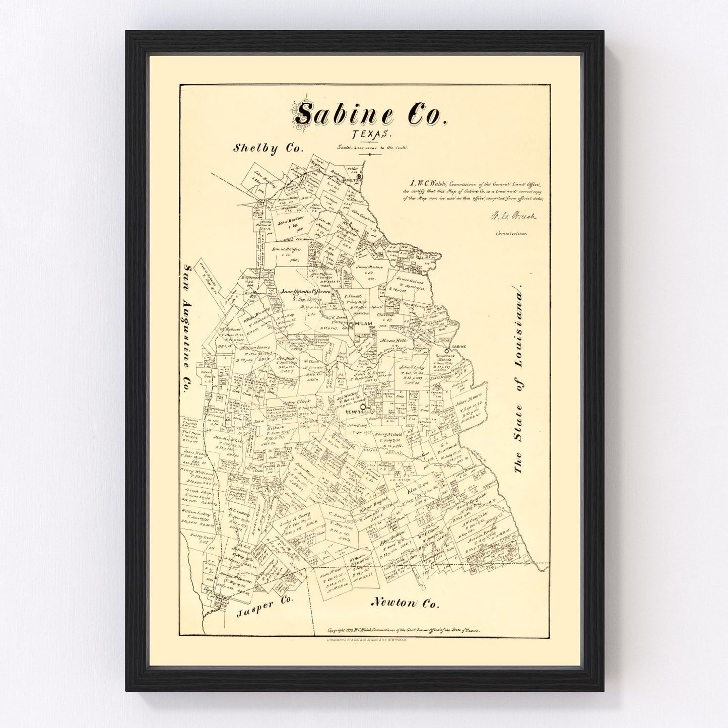 vintage map of Sabine County, Texas, 1879