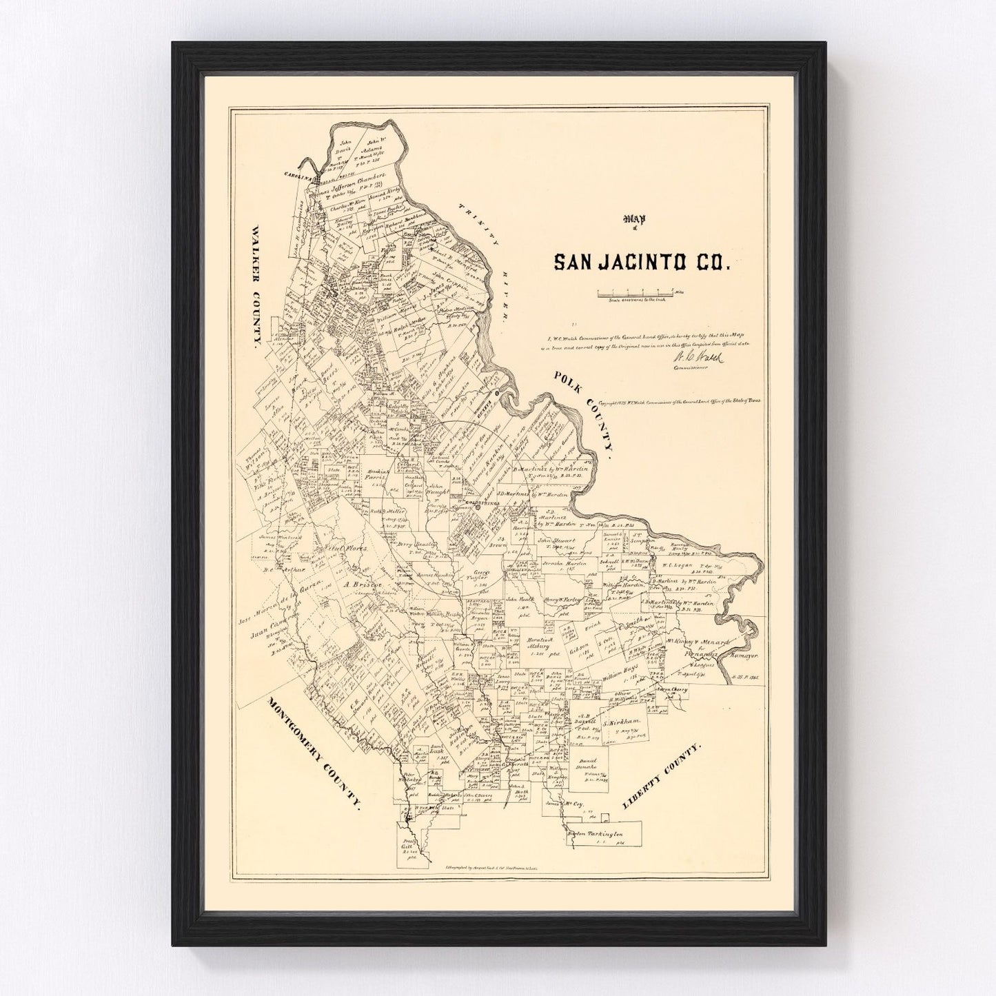 vintage map of San Jacinto County, Texas, 1879, early settlement survey