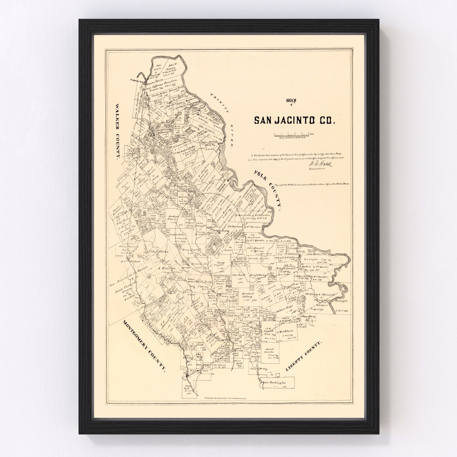 vintage map of San Jacinto County, Texas, 1879, early settlement survey