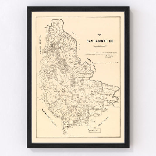 vintage map of San Jacinto County, Texas, 1879, early settlement survey