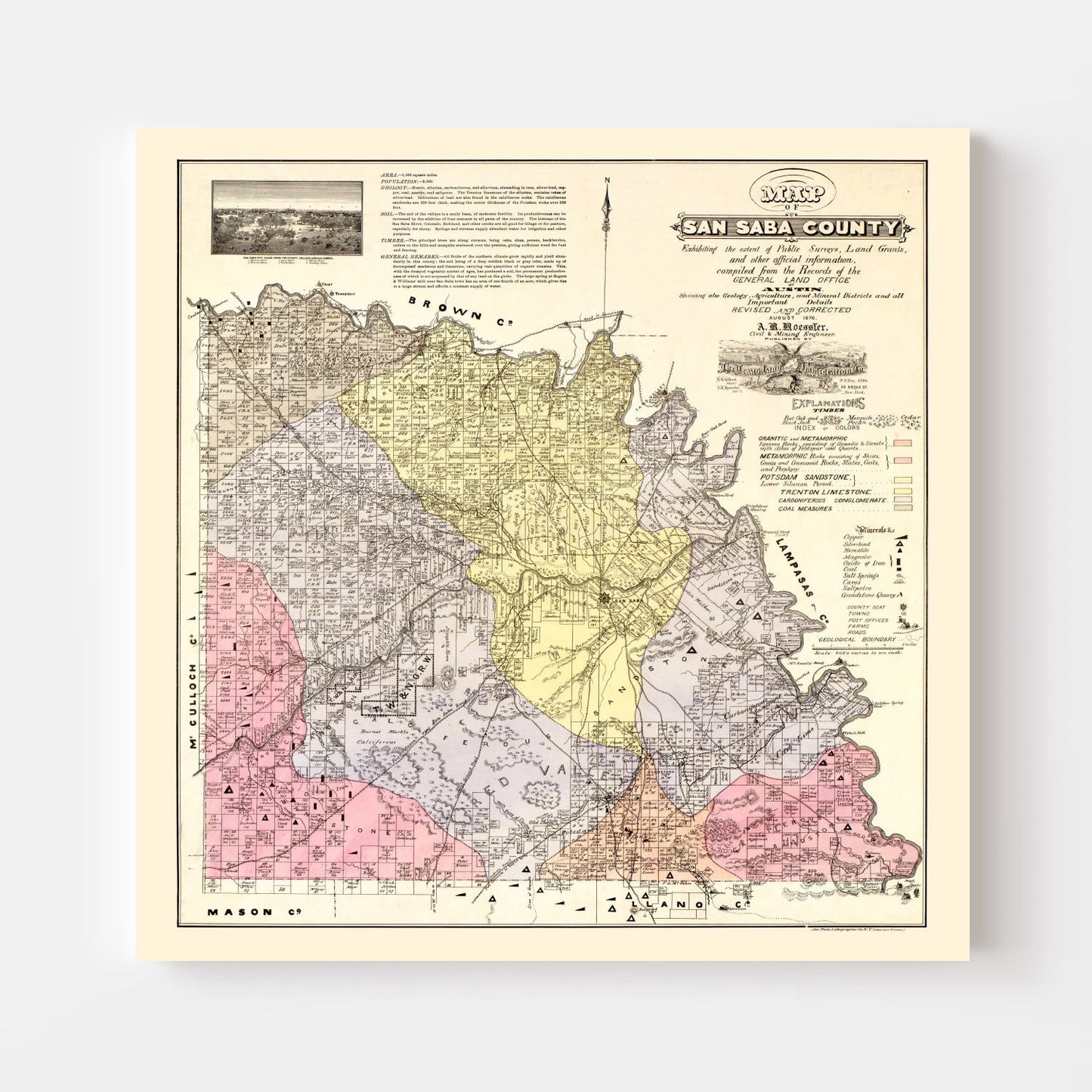 Vintage Map of San Saba County, Texas, 1876