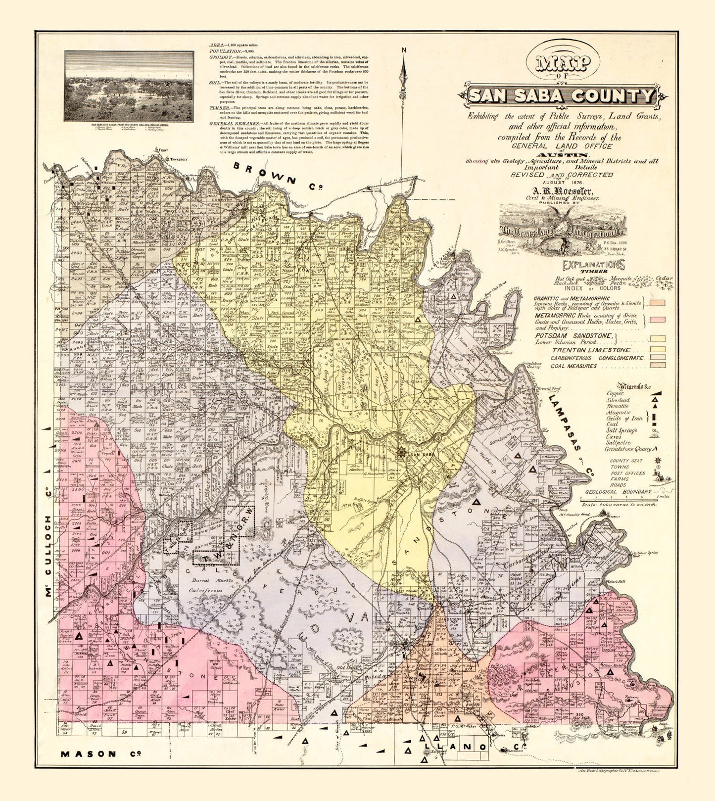 Vintage Map of San Saba County, Texas, 1876
