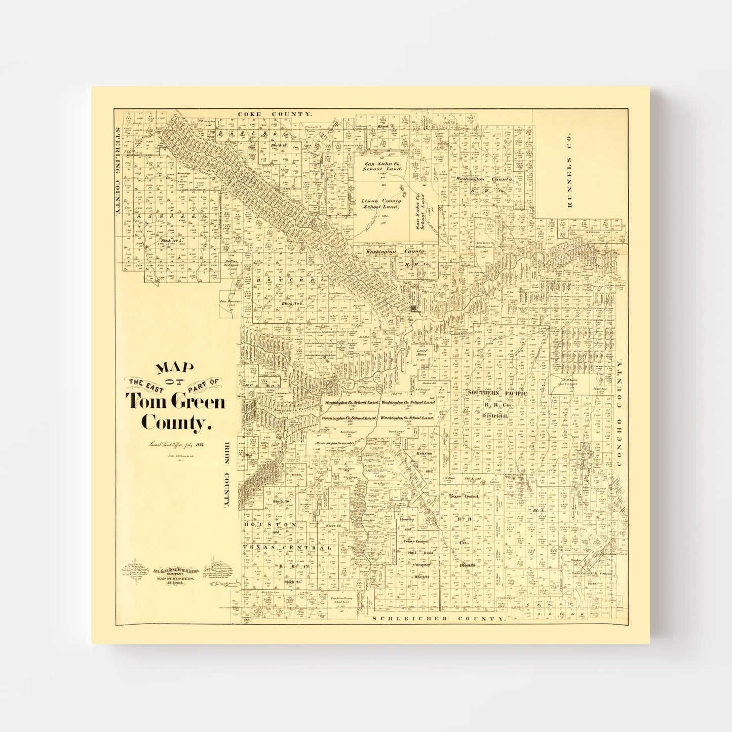 Vintage Map of Tom Green County, Texas, 1893