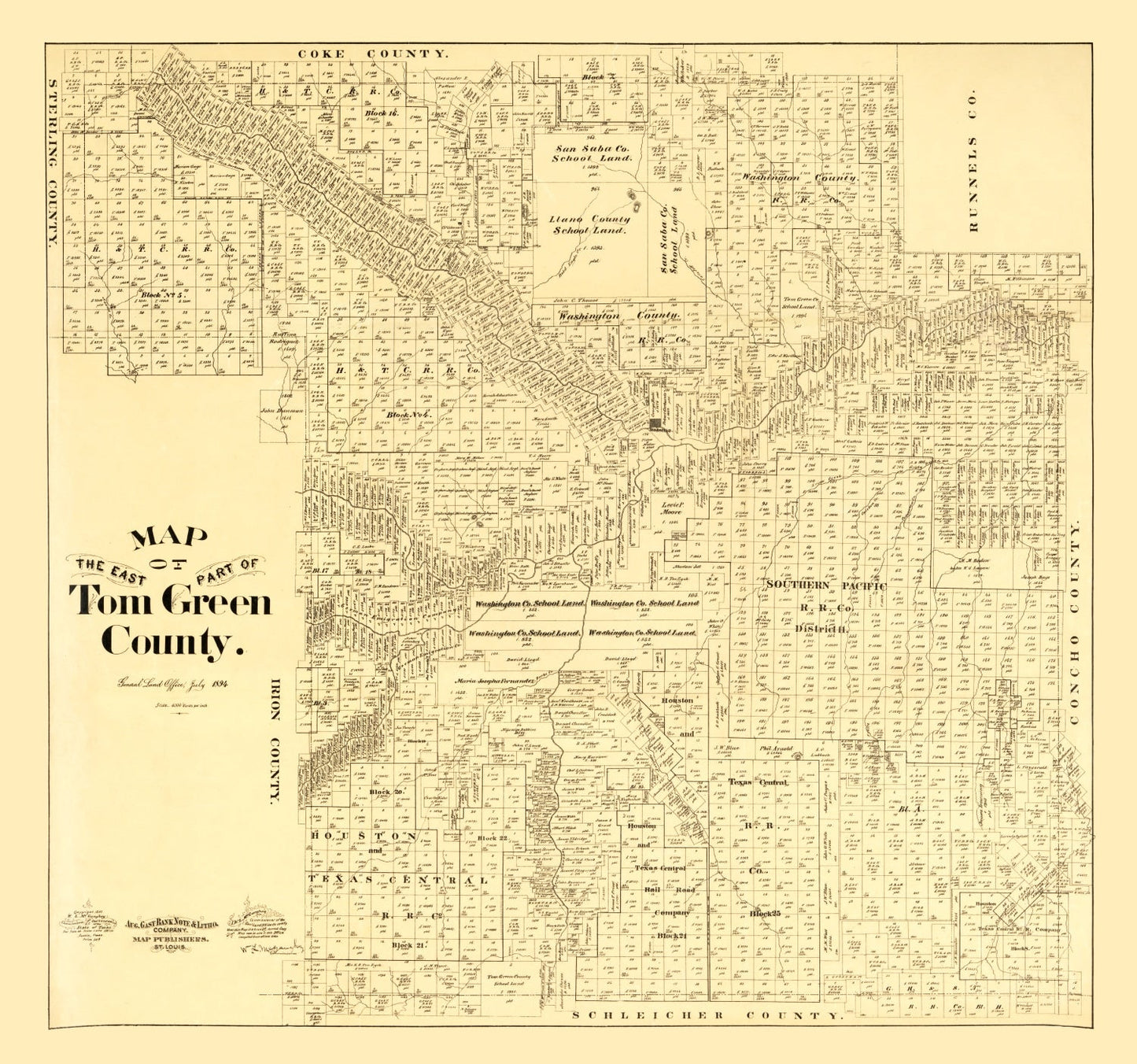 Vintage Map of Tom Green County, Texas, 1893