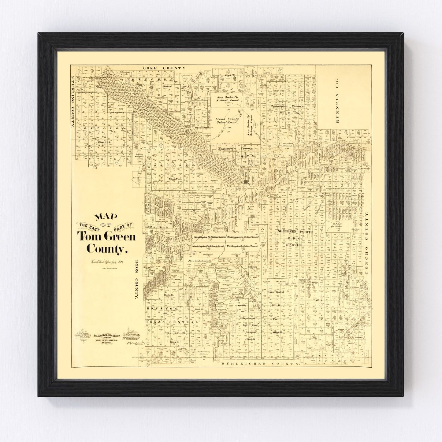 Vintage map of Tom Green County, Texas, 1893