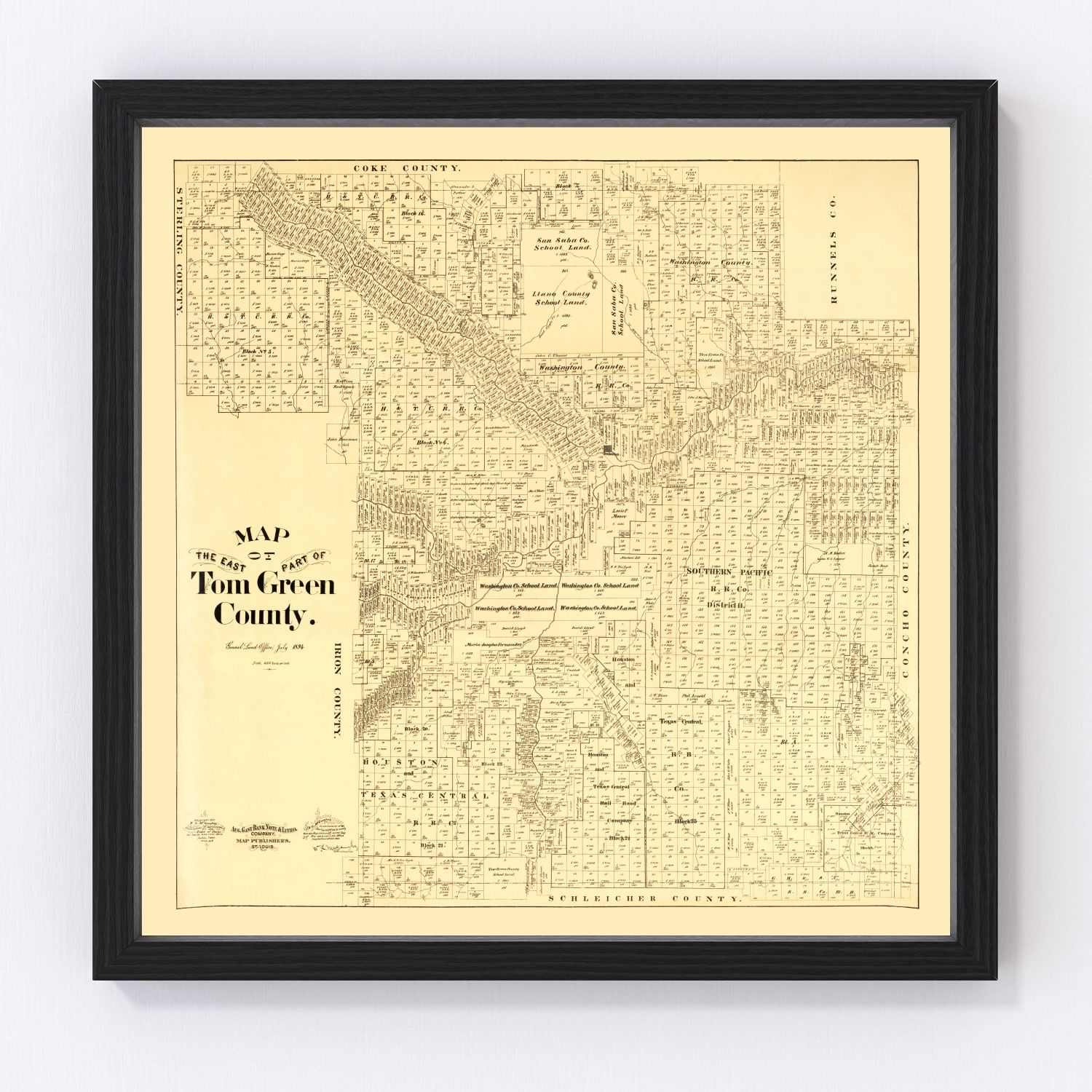 Vintage map of Tom Green County, Texas, 1893