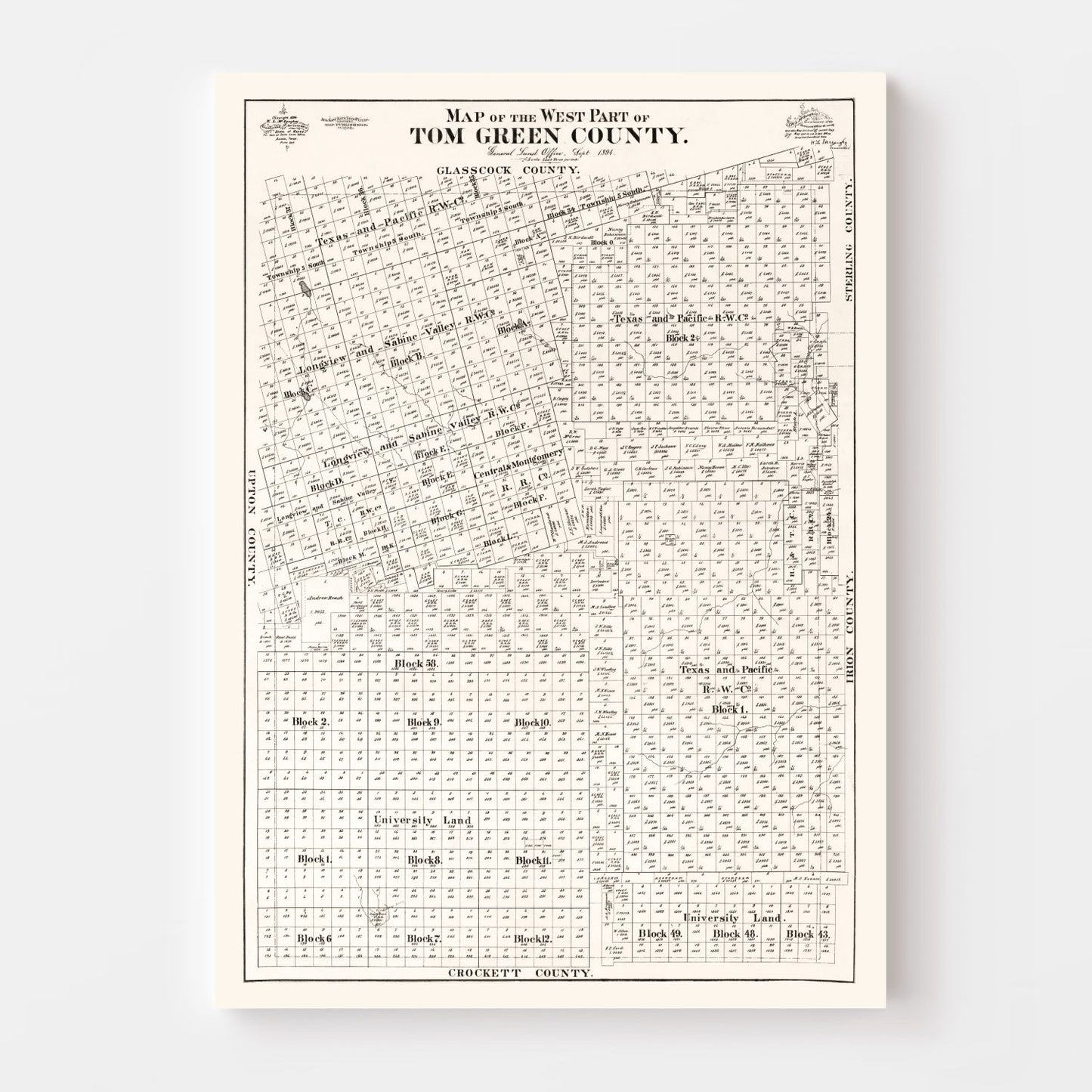 Vintage Map of Tom Green County, Texas, 1894