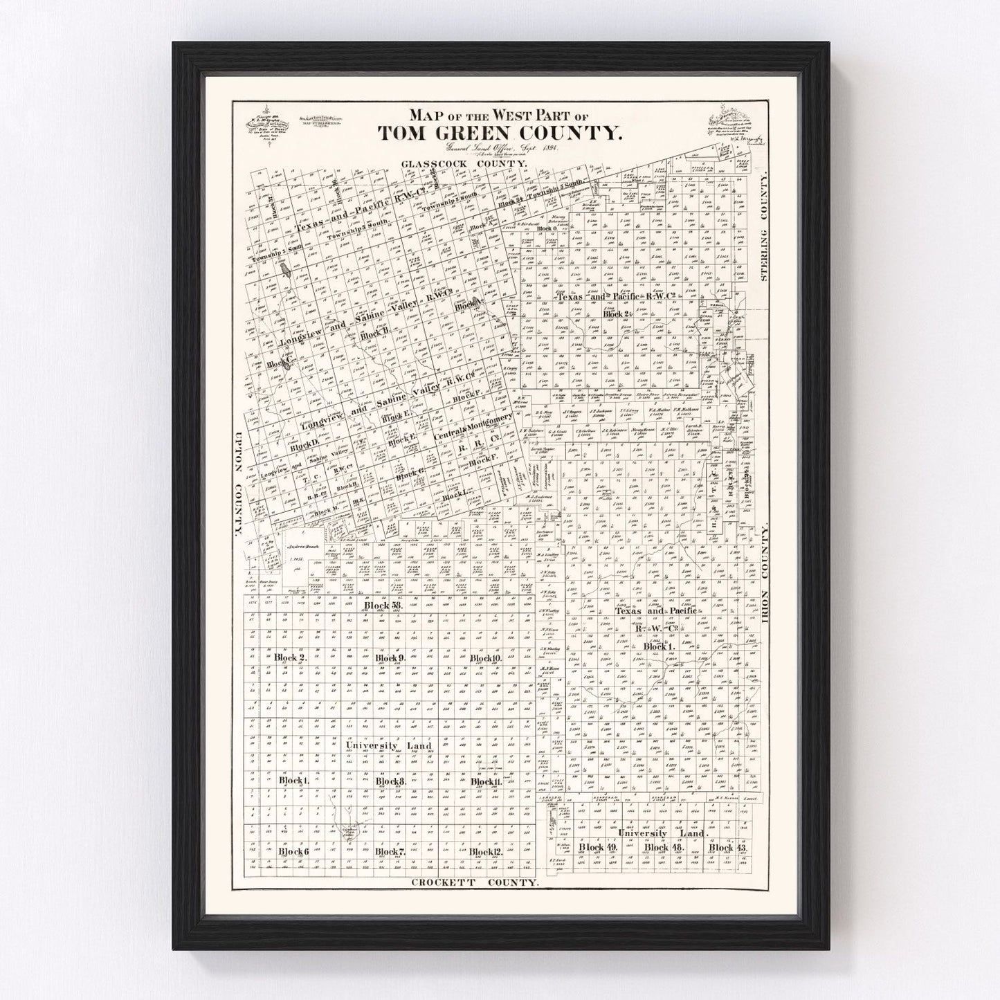 Vintage map of Tom Green County, Texas, 1894