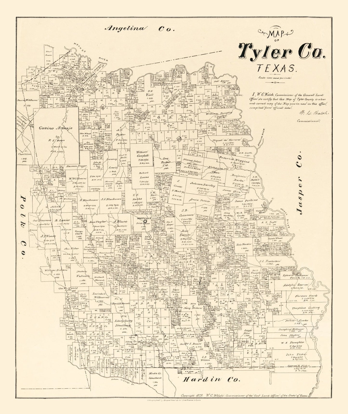 Vintage Map of Tyler County, Texas, 1879