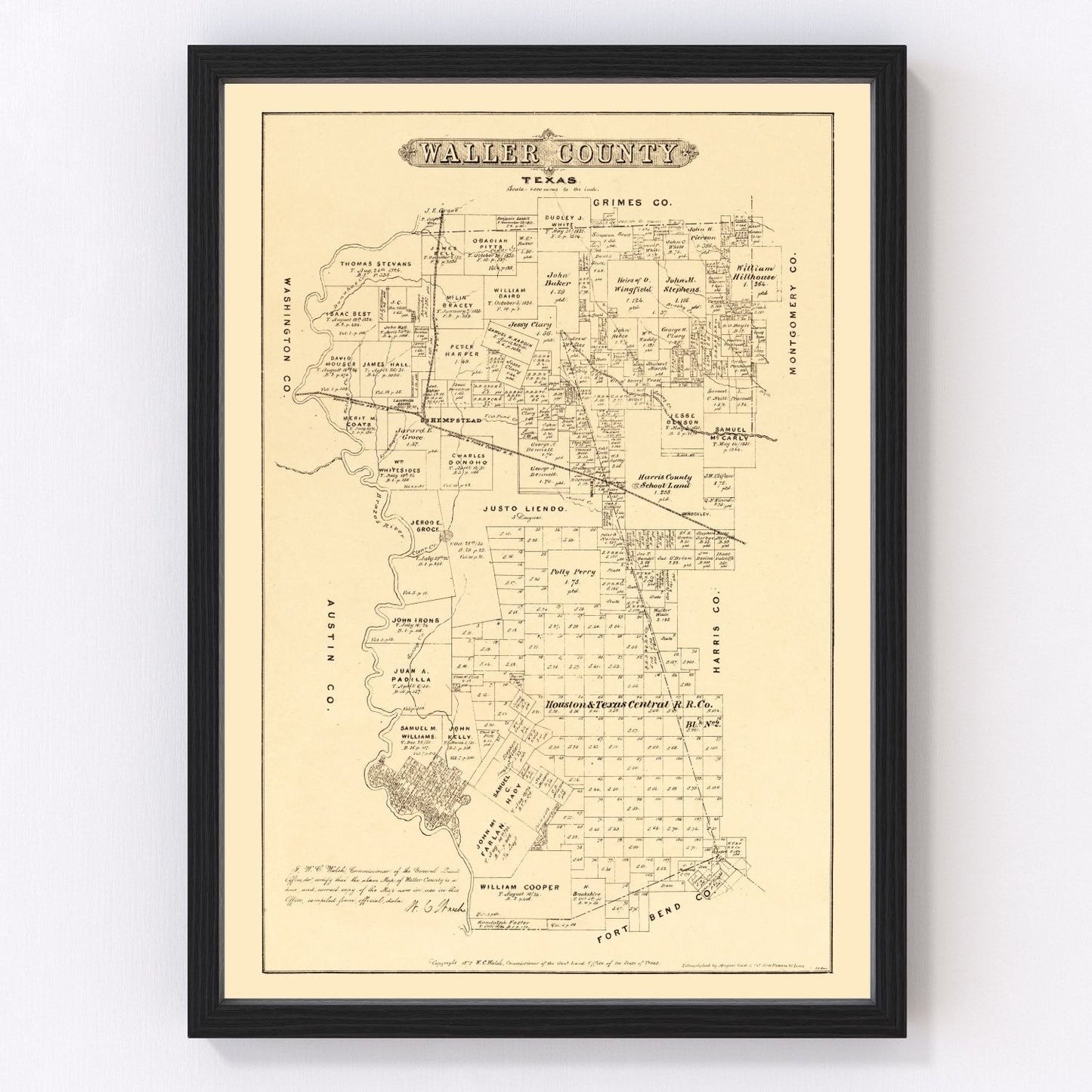 Vintage map of Waller County, Texas, 1879, Hempstead and Brookshire
