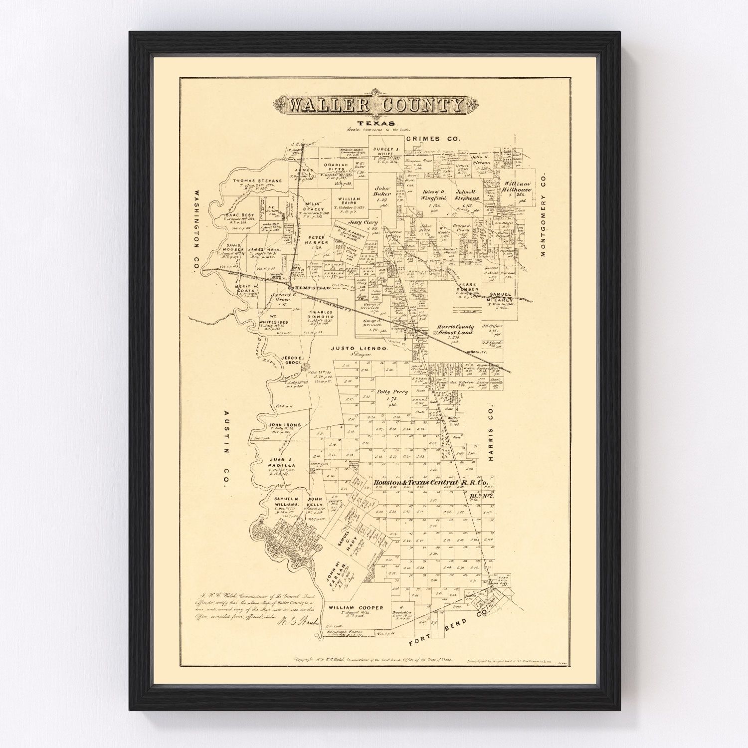 Vintage map of Waller County, Texas, 1879, Hempstead and Brookshire