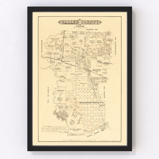 Vintage map of Waller County, Texas, 1879, Hempstead and Brookshire