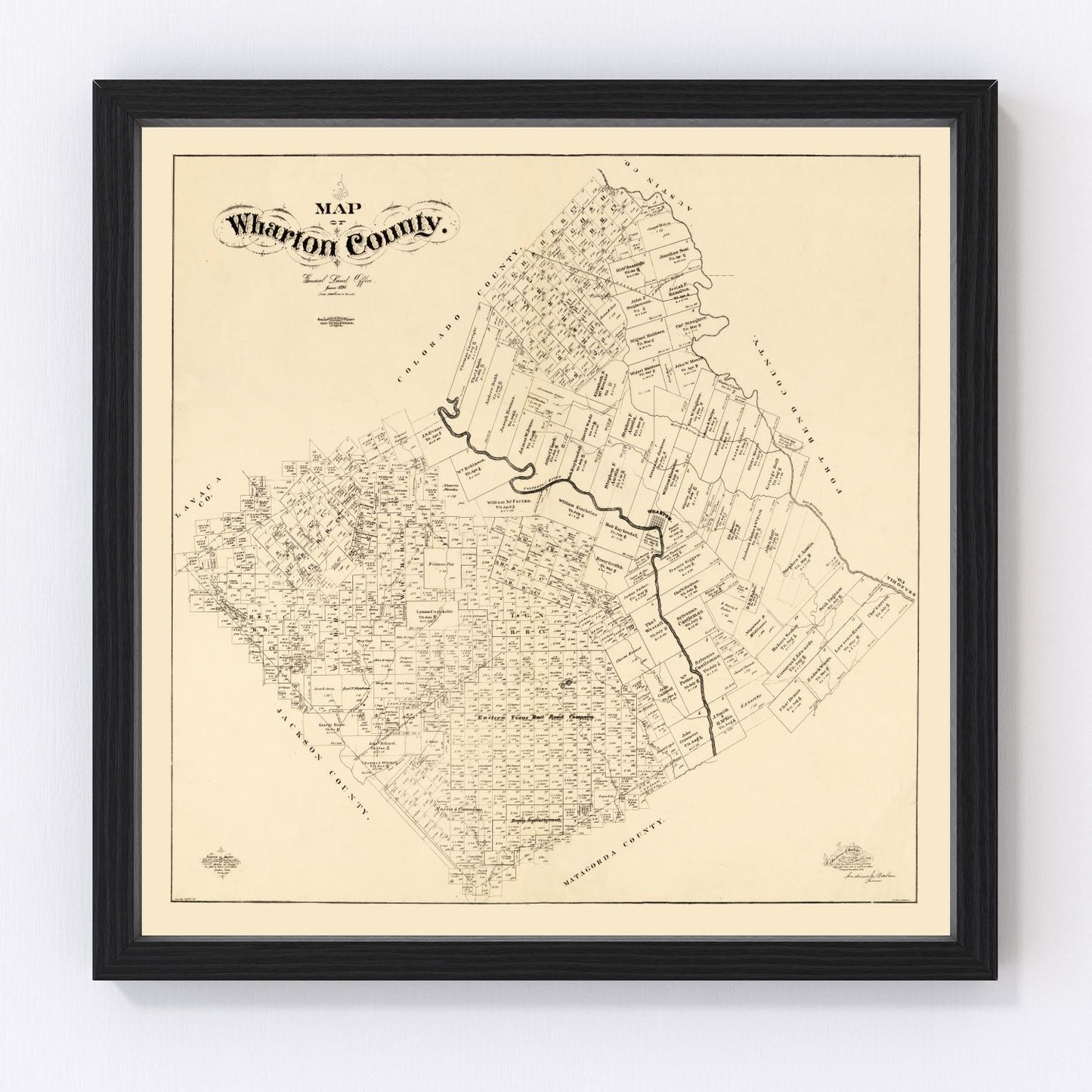 Vintage map of Wharton County, Texas, 1895, Gulf Coast prairie and Colorado River