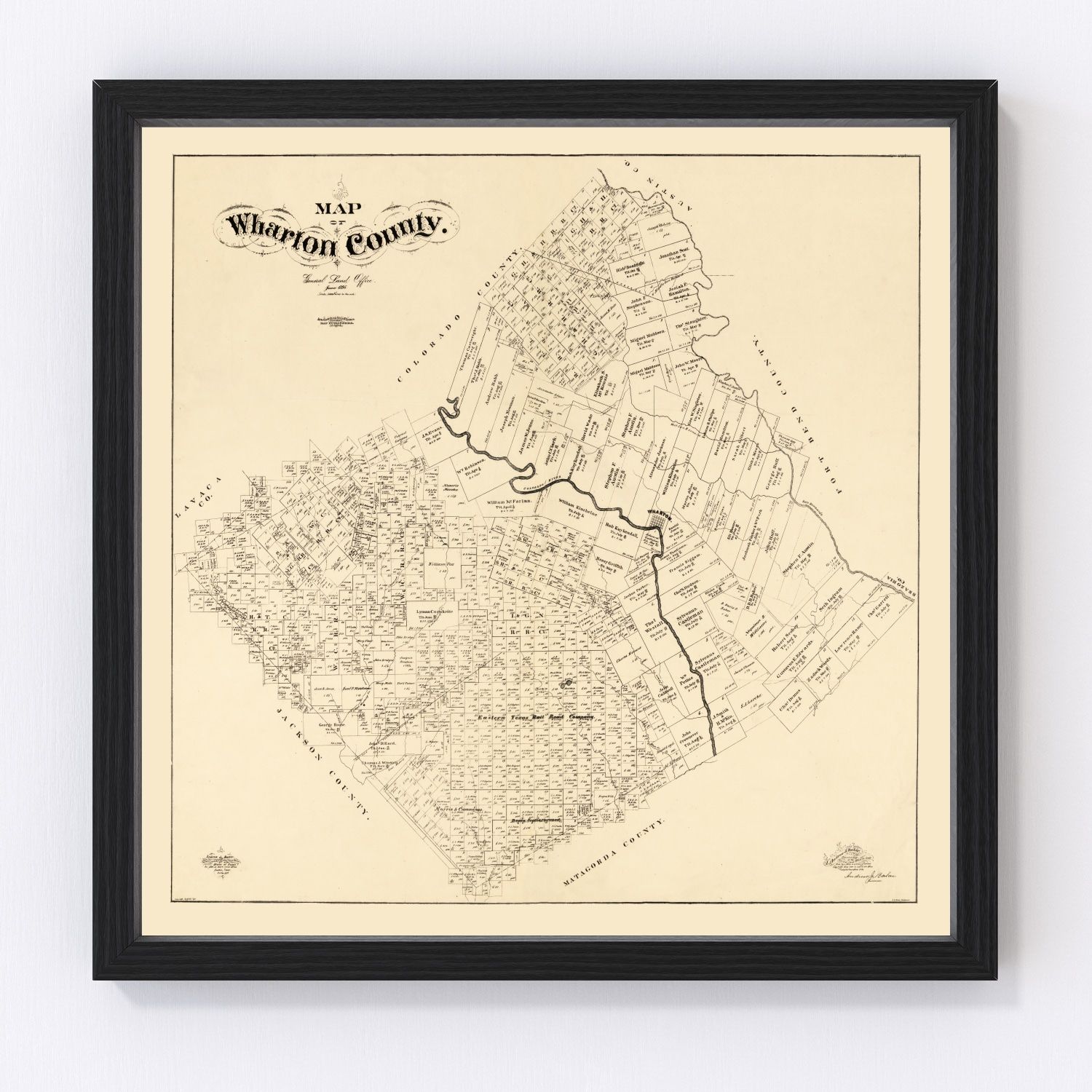 Vintage map of Wharton County, Texas, 1895, Gulf Coast prairie and Colorado River