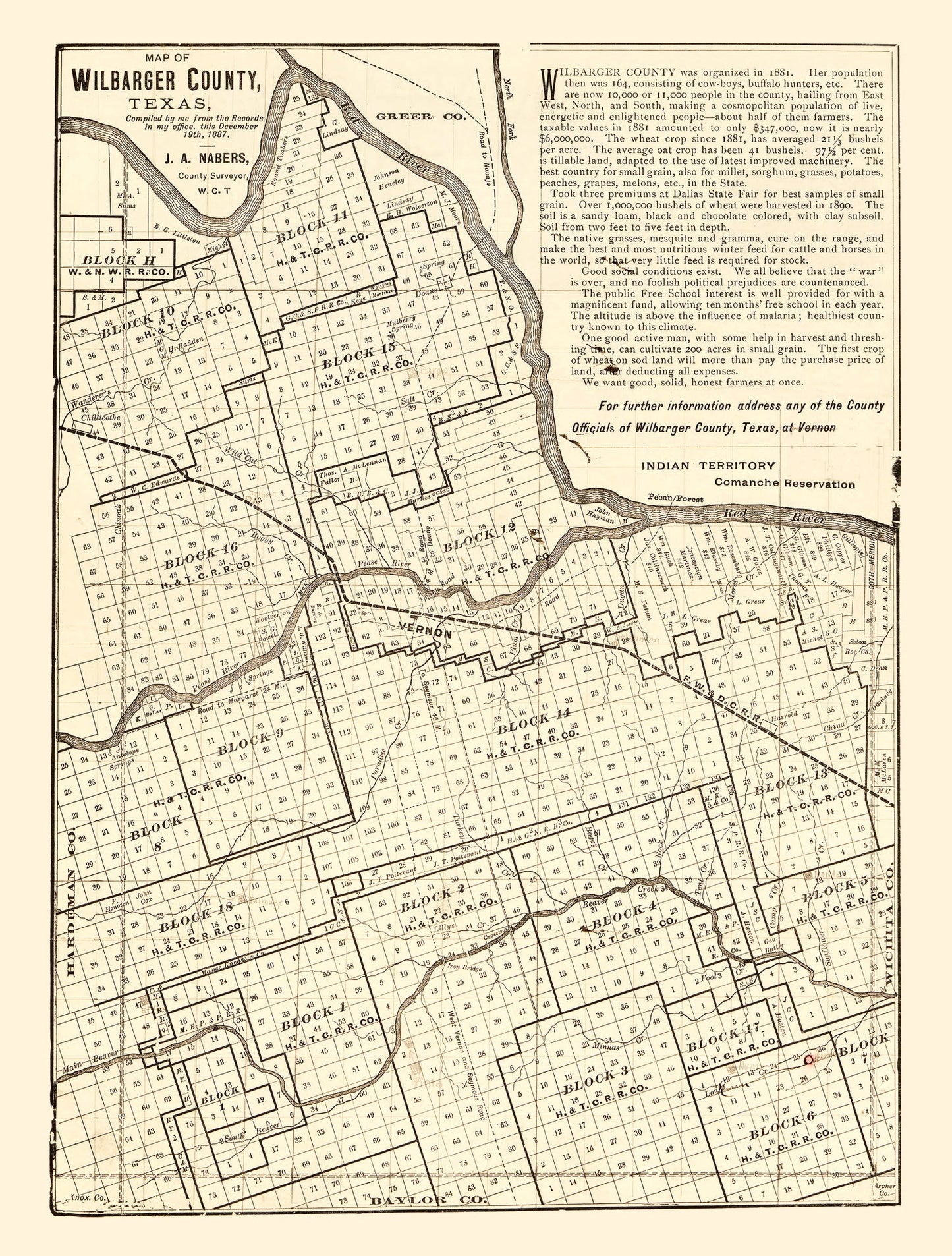 Vintage Map of Wilbarger County, Texas, 1887 (I)