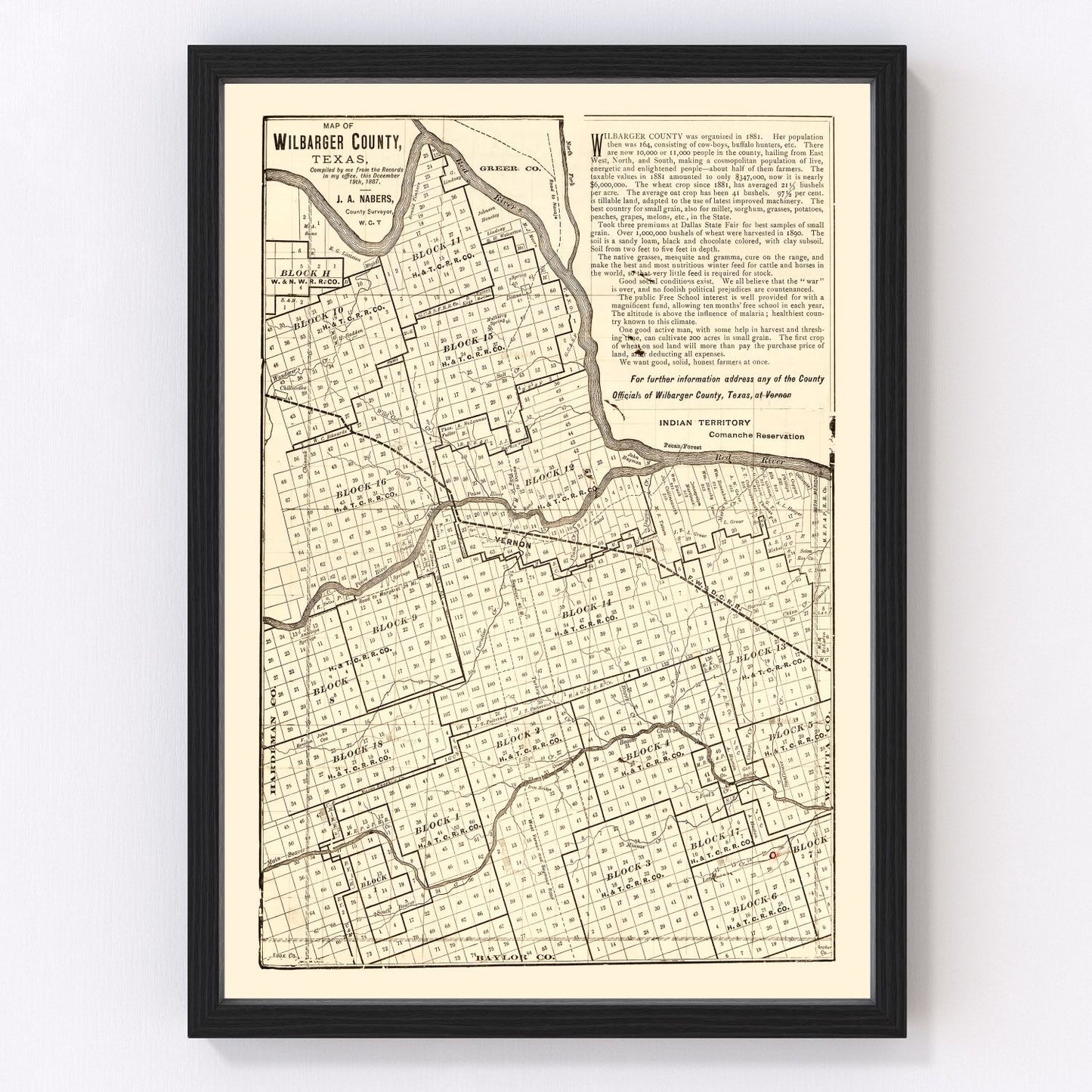 Vintage map of Wilbarger County, Texas, 1887, North Texas frontier cattle country