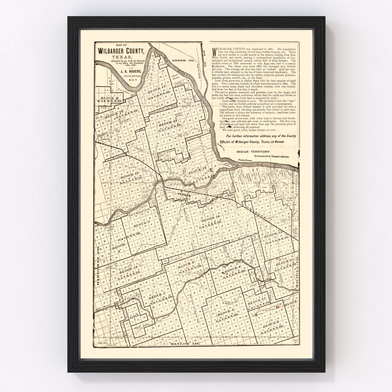 Vintage map of Wilbarger County, Texas, 1887, North Texas frontier cattle country