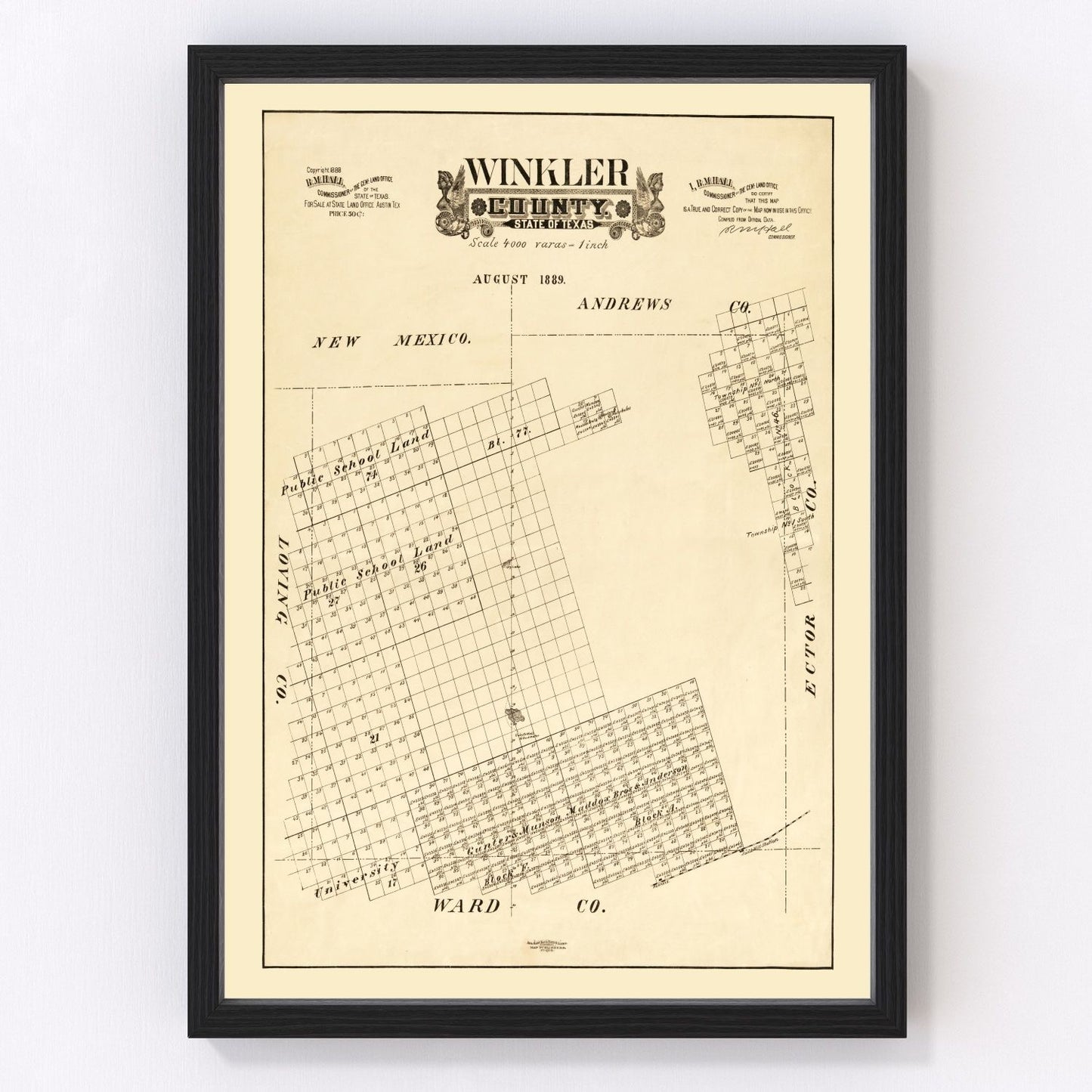 Vintage map of Winkler County, Texas, 1888, early survey West Texas restored print