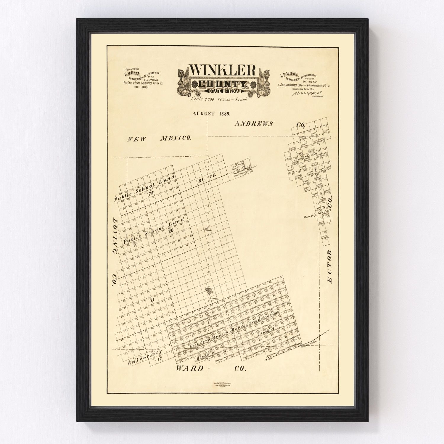 Vintage map of Winkler County, Texas, 1888, early survey West Texas restored print