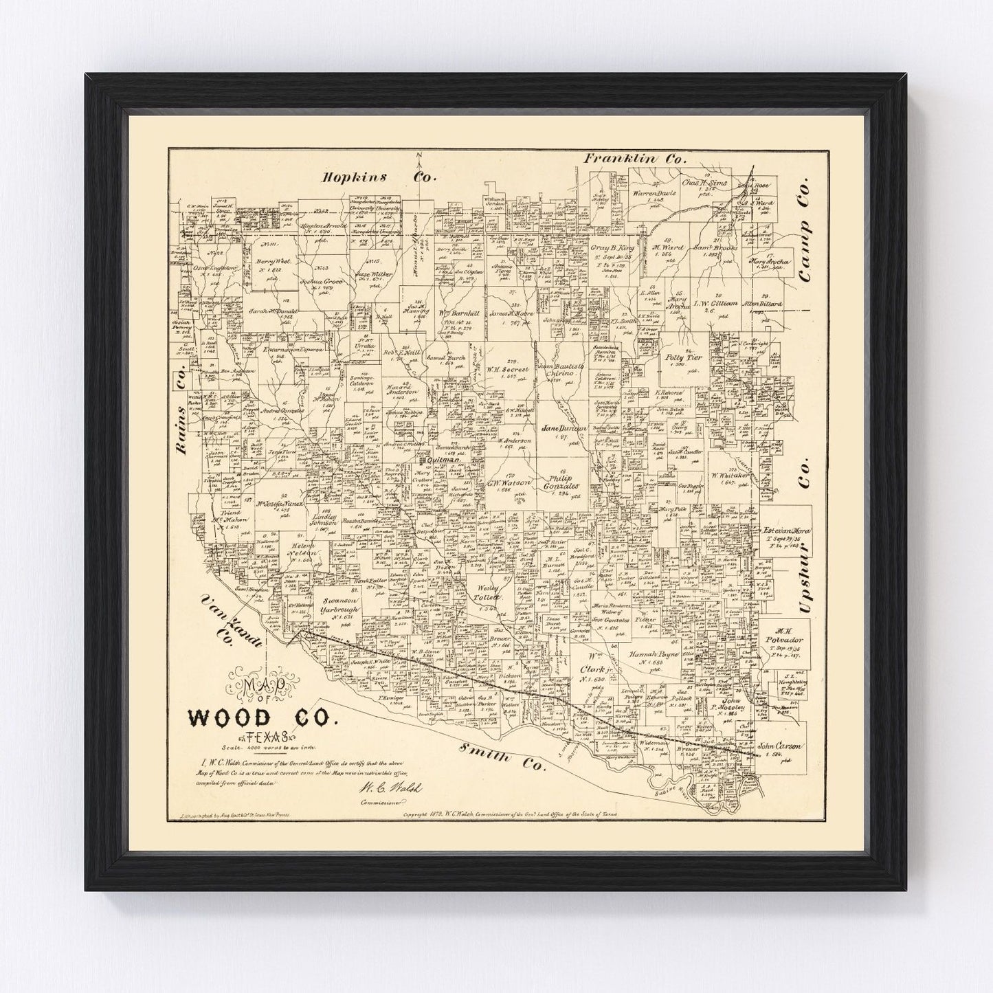 Vintage map of Wood County, Texas, 1879, with Quitman and Mineola, restored print