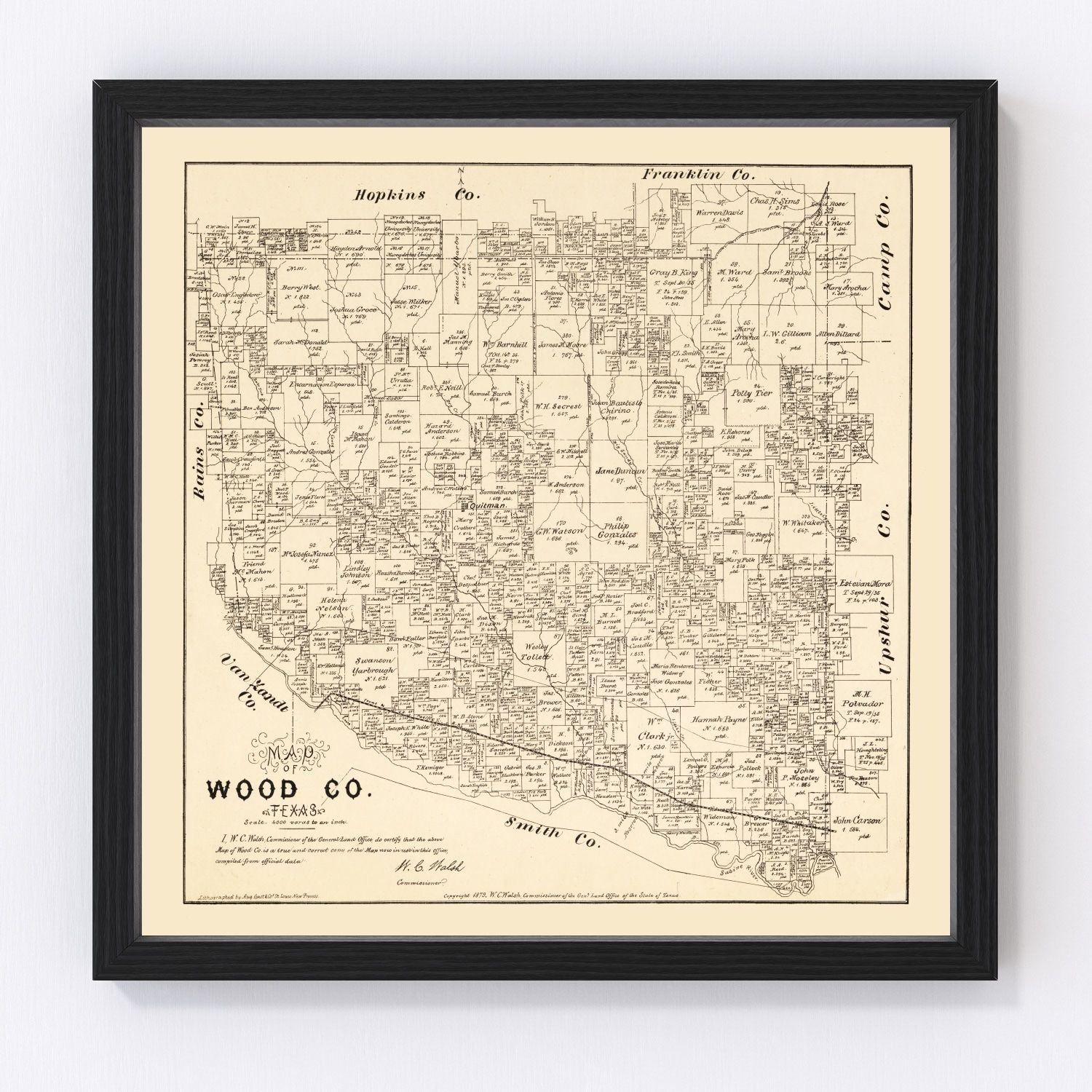 Vintage map of Wood County, Texas, 1879, with Quitman and Mineola, restored print