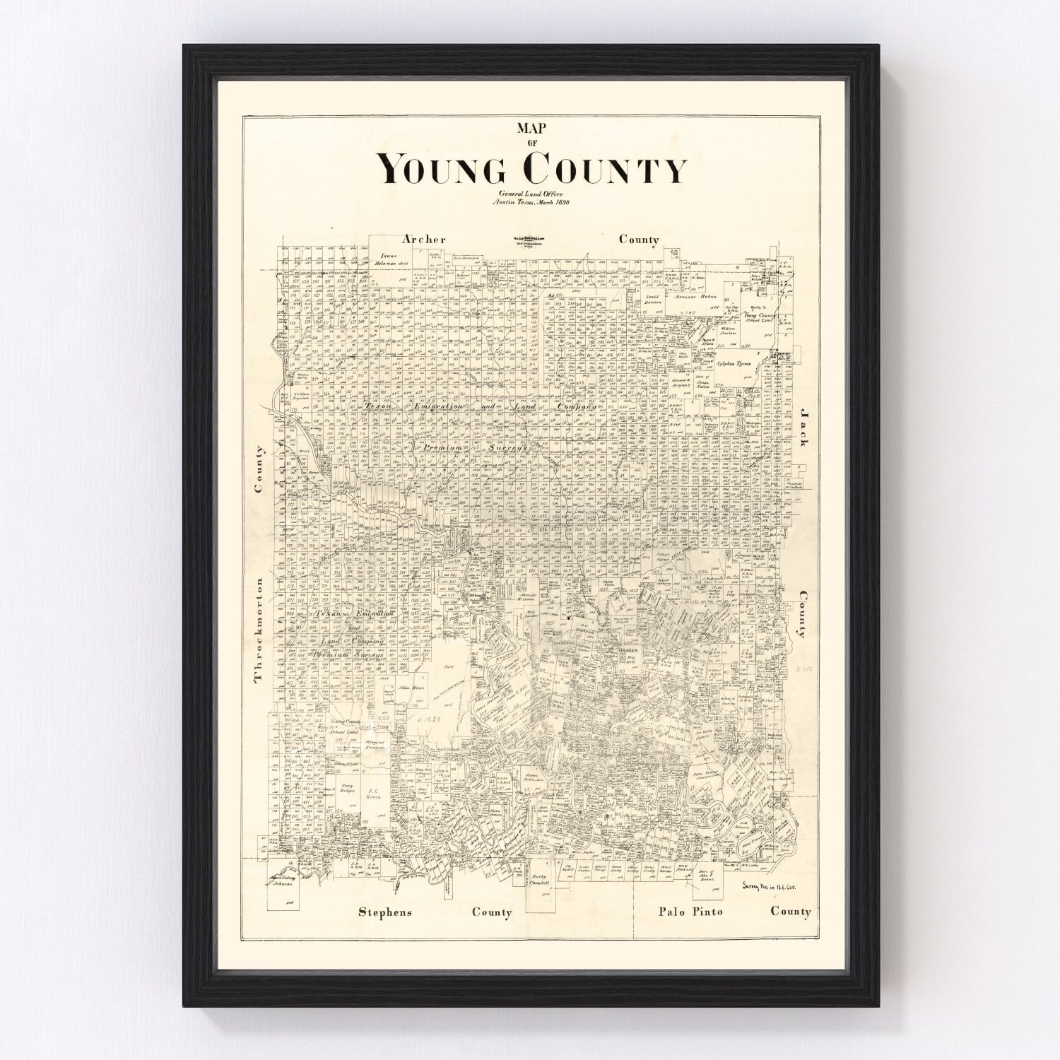 Vintage 1898 Young County Texas map, digitally restored print