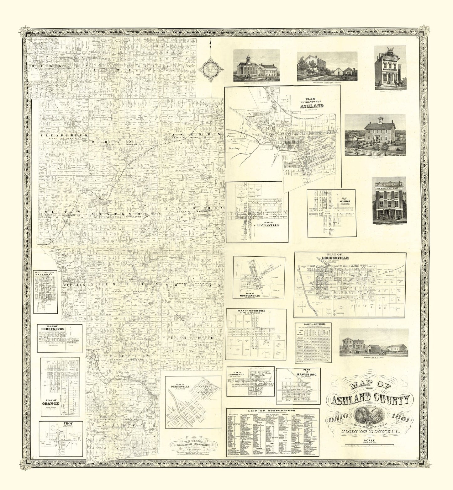 Vintage Map of Ashland County, Ohio, 1861 (Southern Districts)