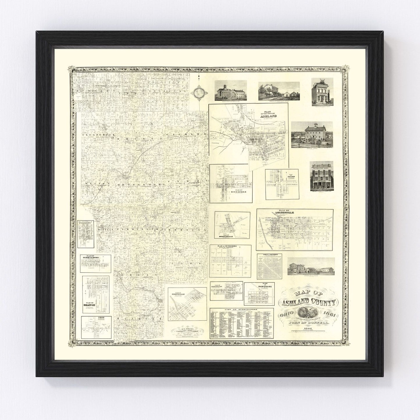 vintage map of Ashland County, Ohio, southern districts, 1861
