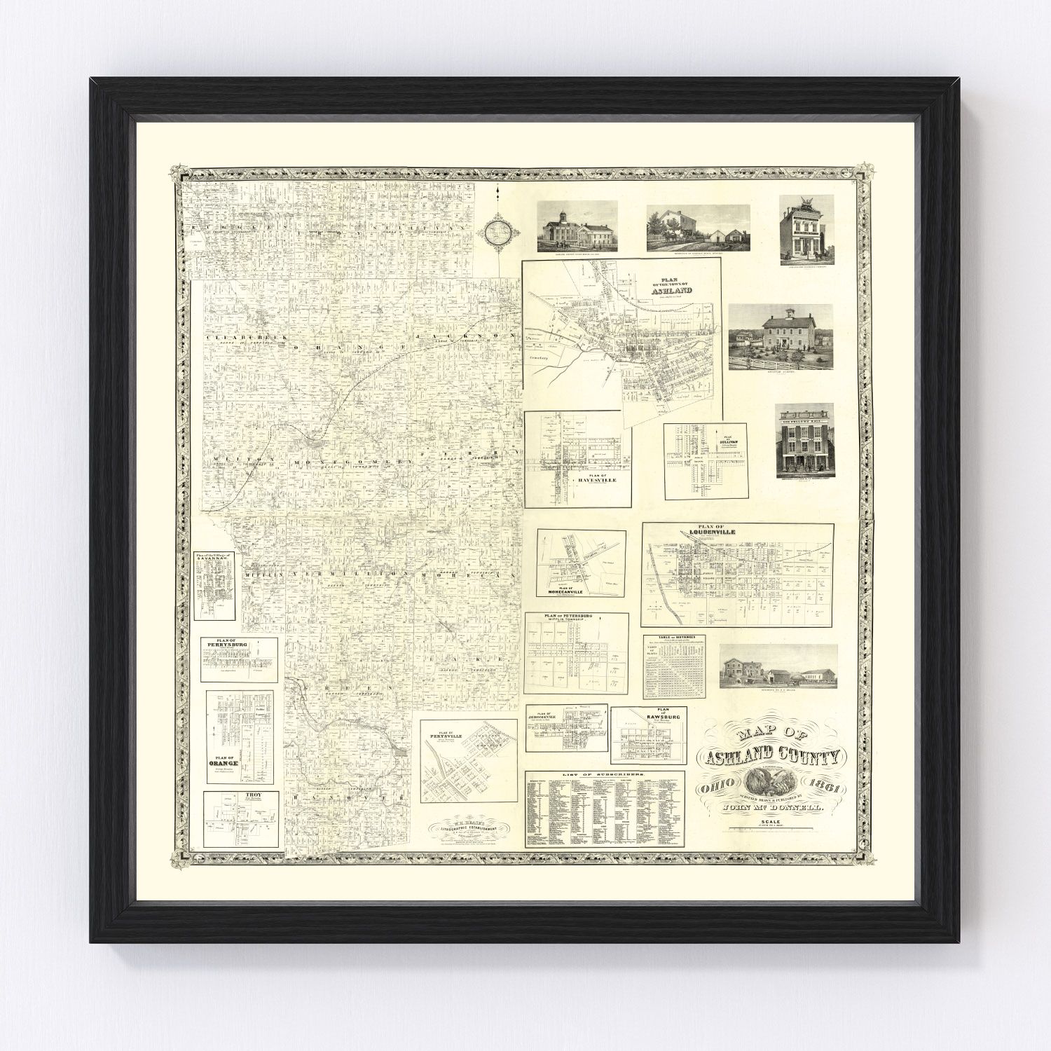 vintage map of Ashland County, Ohio, southern districts, 1861