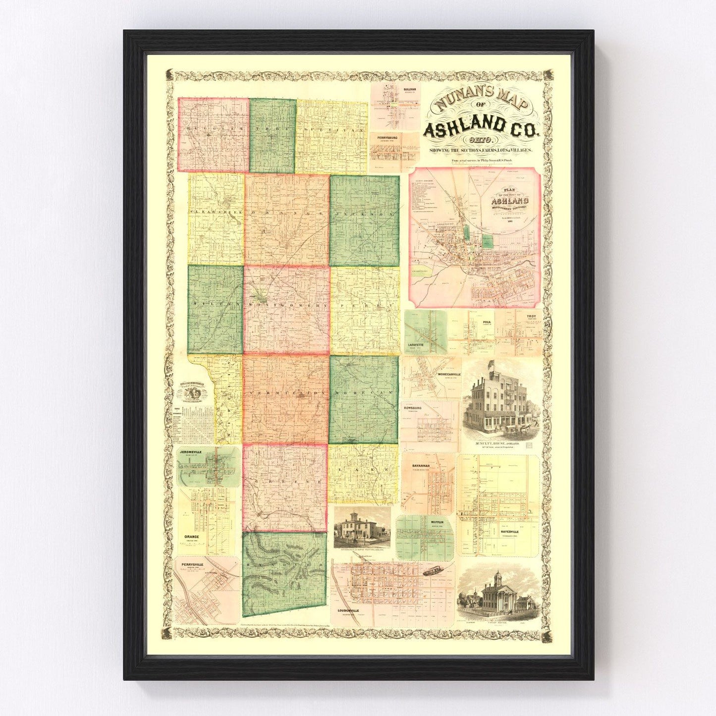 vintage map of Ashland County, Ohio, northern districts, 1861