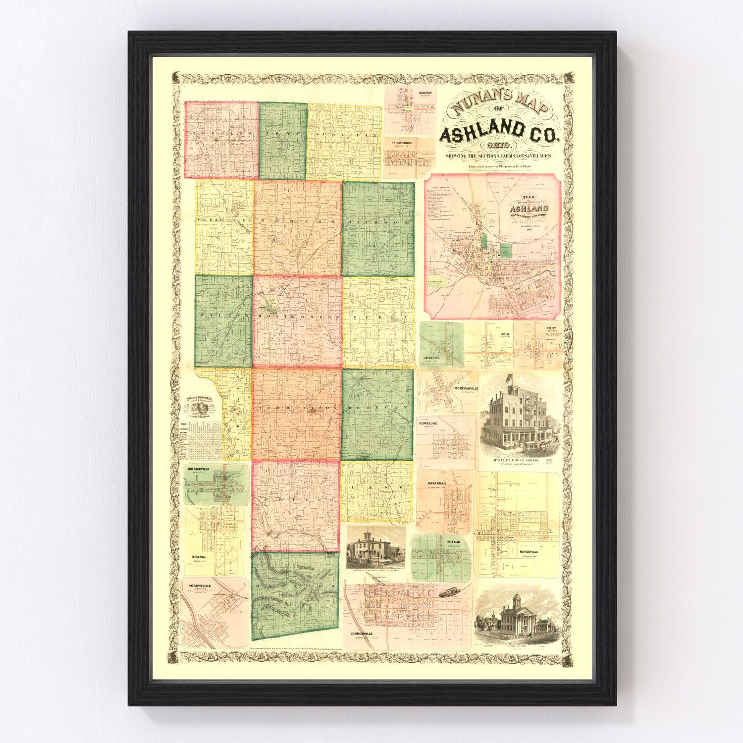 vintage map of Ashland County, Ohio, northern districts, 1861
