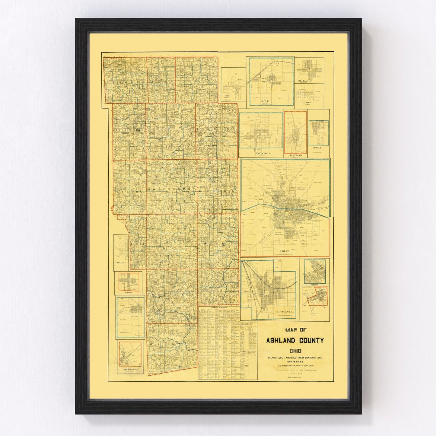 Vintage plat map of Ashland County, Ohio townships, 1897