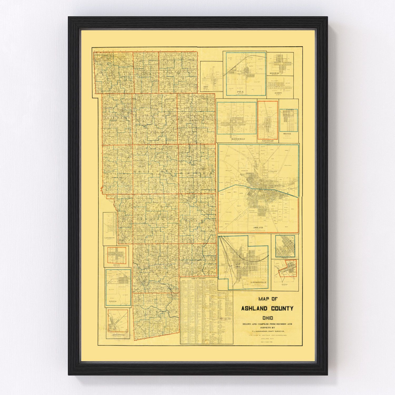 Vintage plat map of Ashland County, Ohio townships, 1897