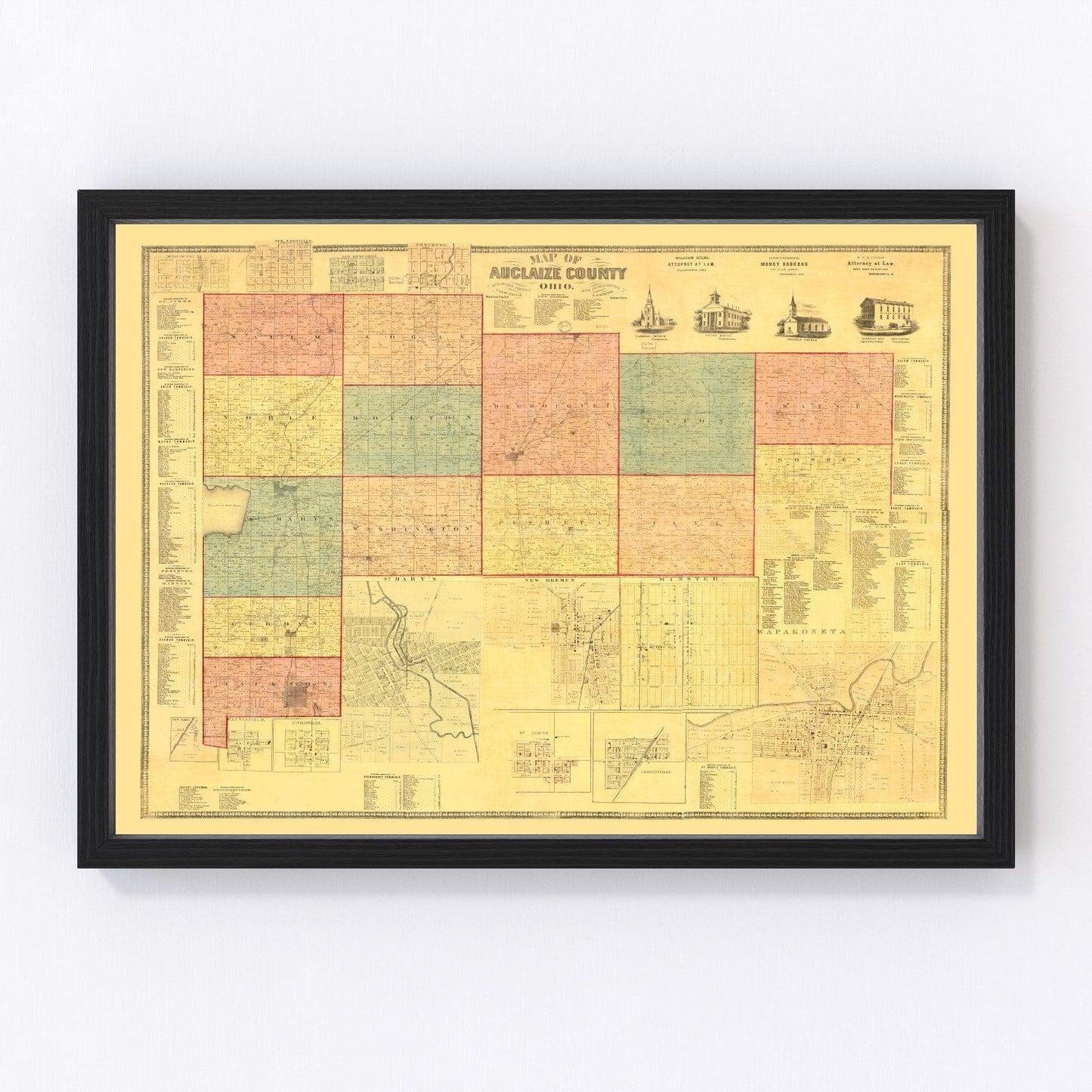 vintage map of Auglaize County, Ohio, 1860, canal era