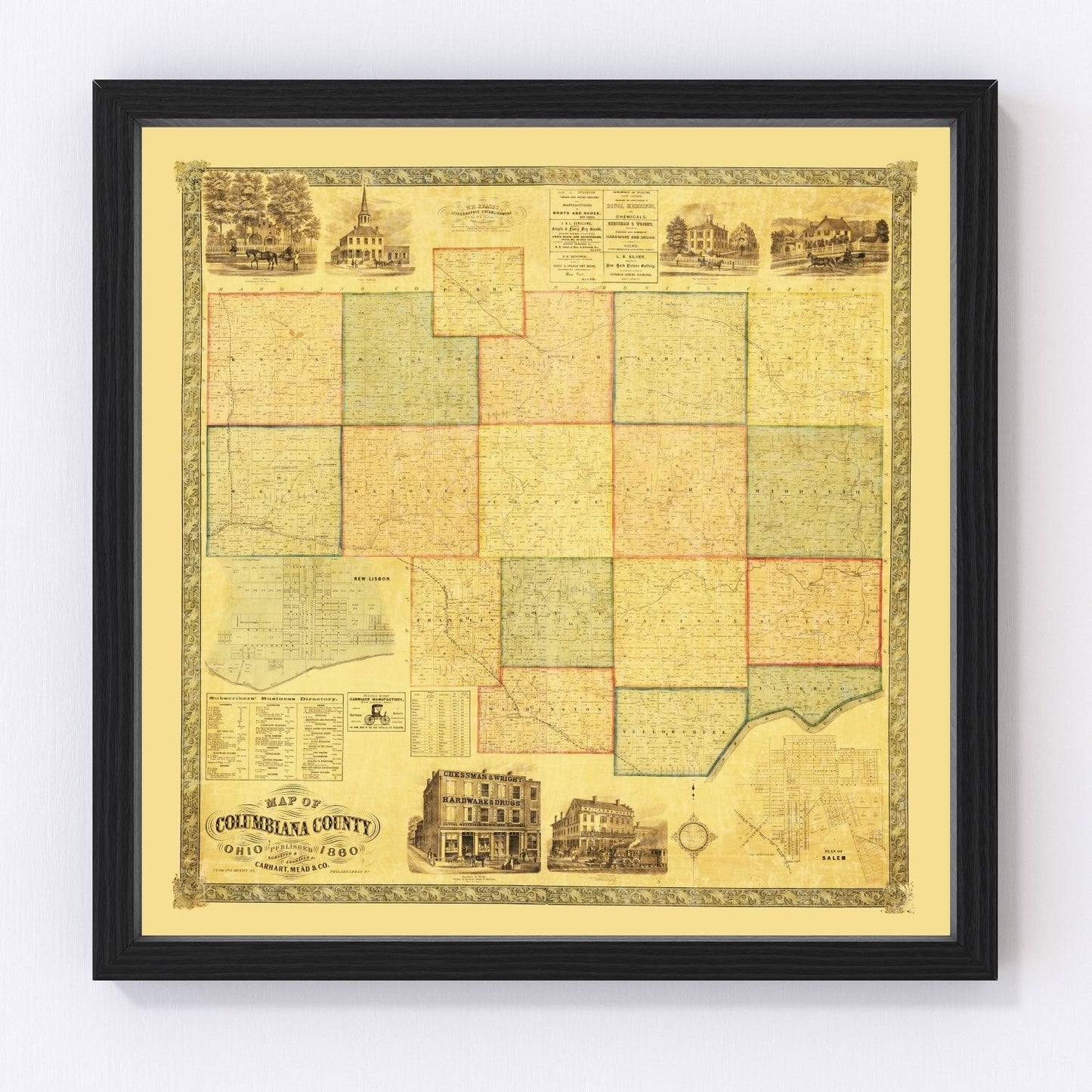 Vintage restored map of Columbiana County, Ohio, 1860, pre-Civil War township detail