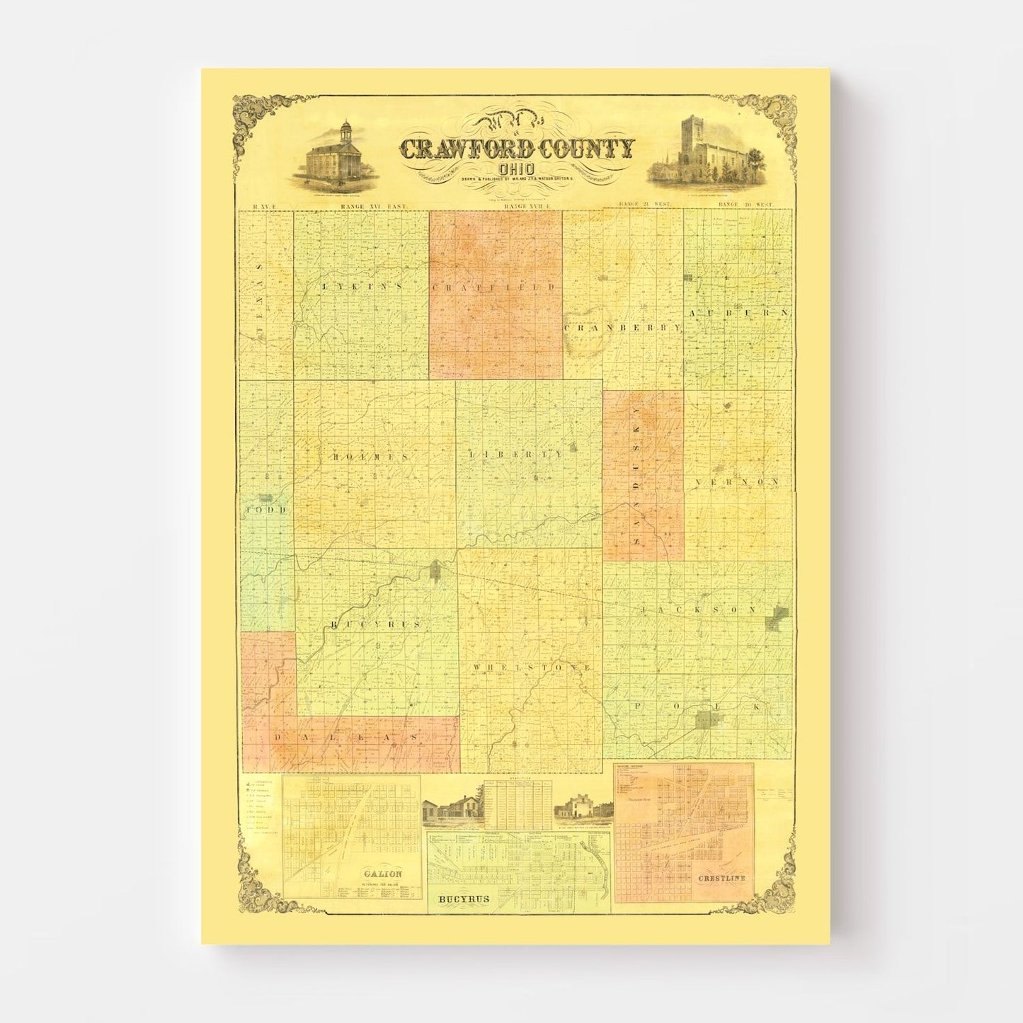 Vintage Map of Crawford County, Ohio, 1850