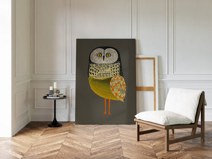 Stylized Owl Wall Art - Golden Feather Bird Print