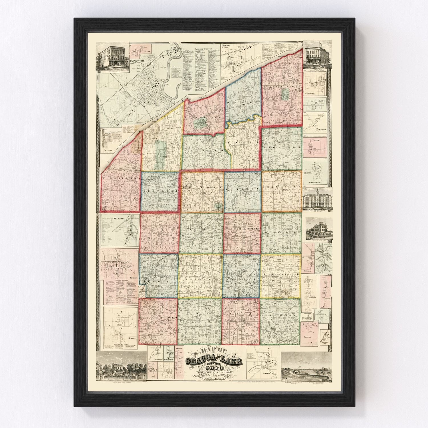 Vintage map of Geauga County, Ohio, 1857