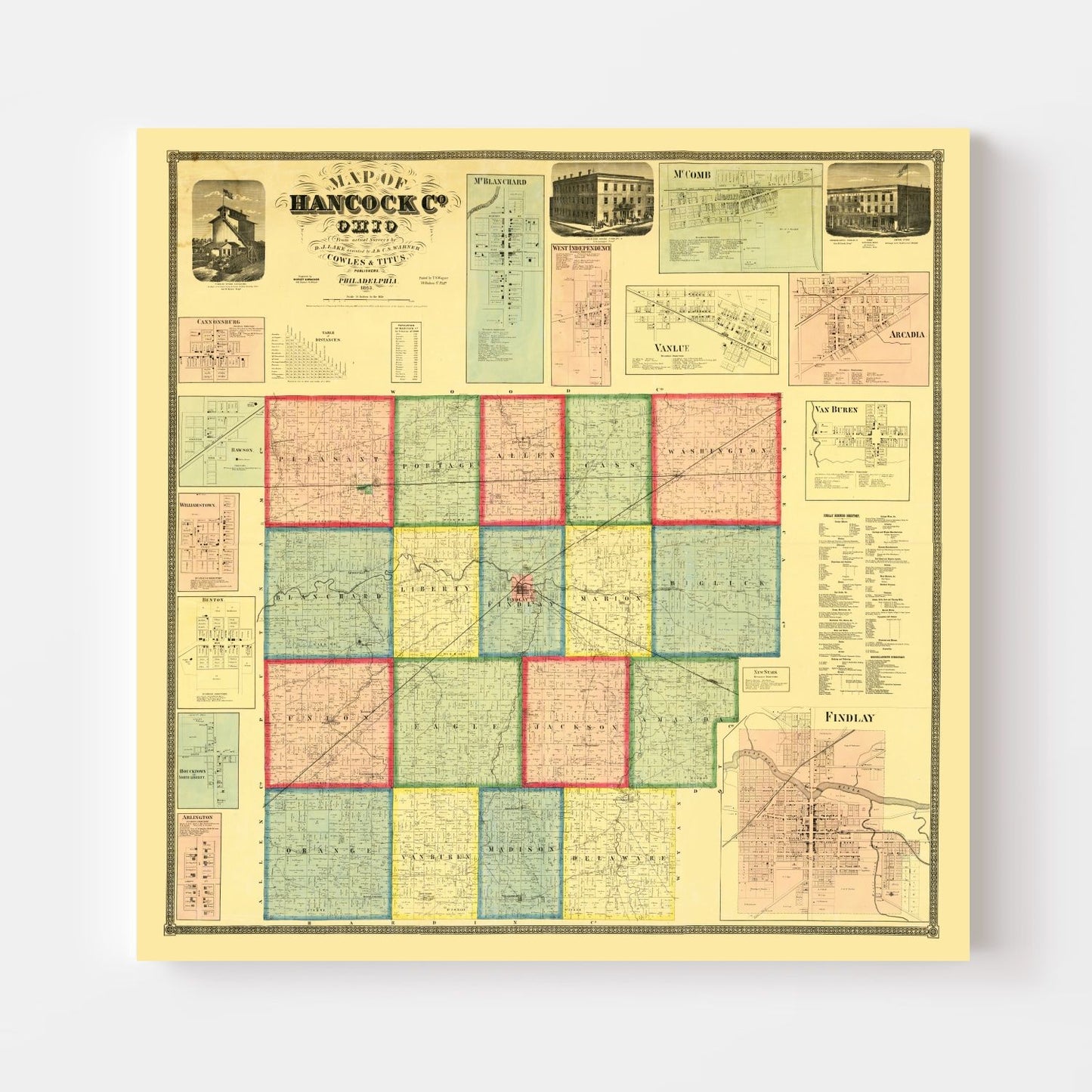 Vintage Map of Hancock County, Ohio, 1863