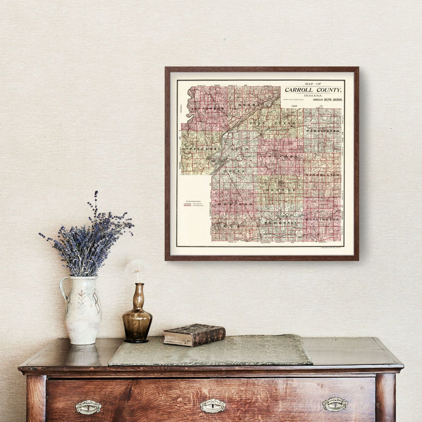 Vintage Map of Carroll County, Indiana, 1898 Wall Art
