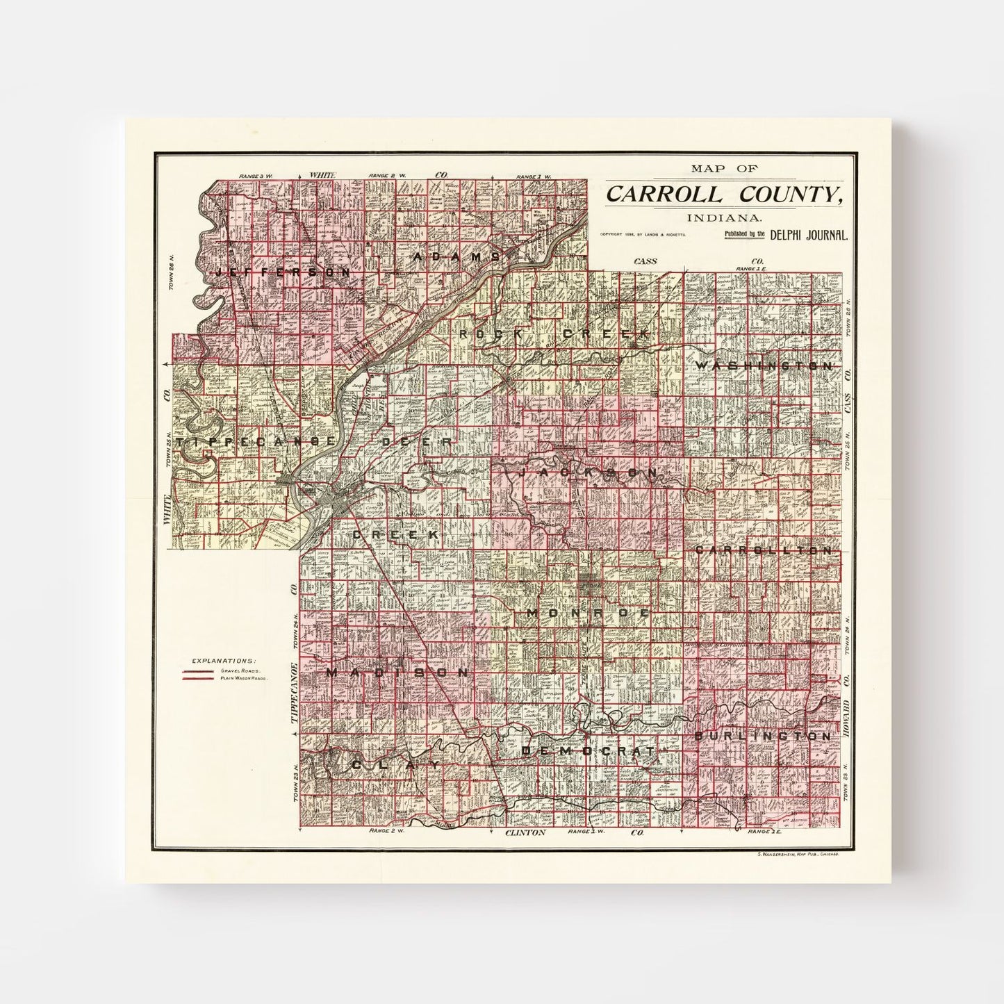 Vintage Map of Carroll County, Indiana, 1898 Wall Art