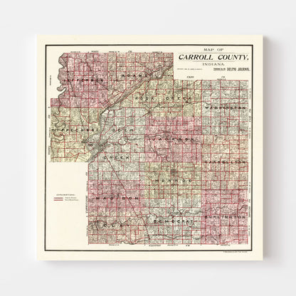 Vintage Map of Carroll County, Indiana, 1898 Wall Art