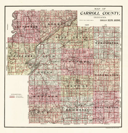 Vintage Map of Carroll County, Indiana, 1898 Wall Art