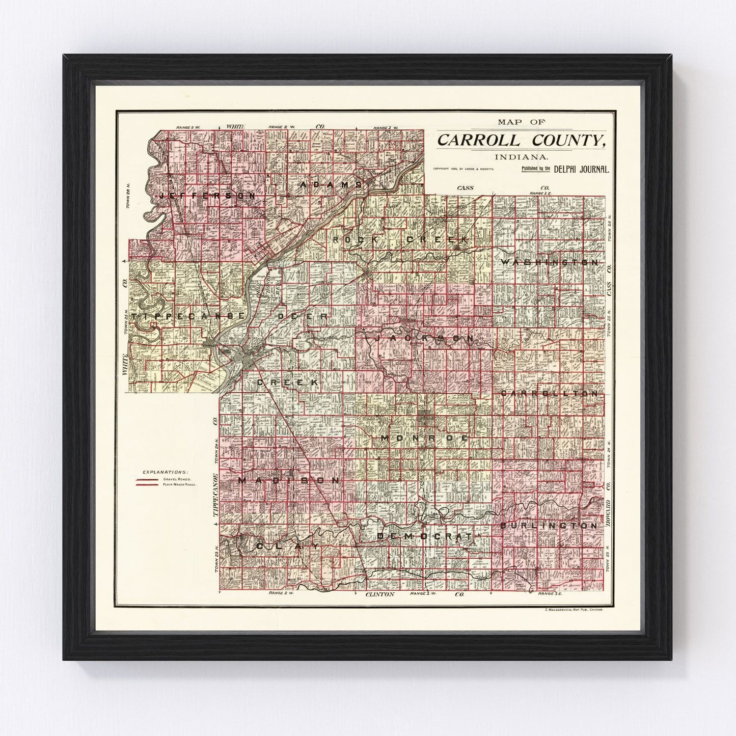 Vintage map of Carroll County, Indiana, 1898, restored vintage wall art print
