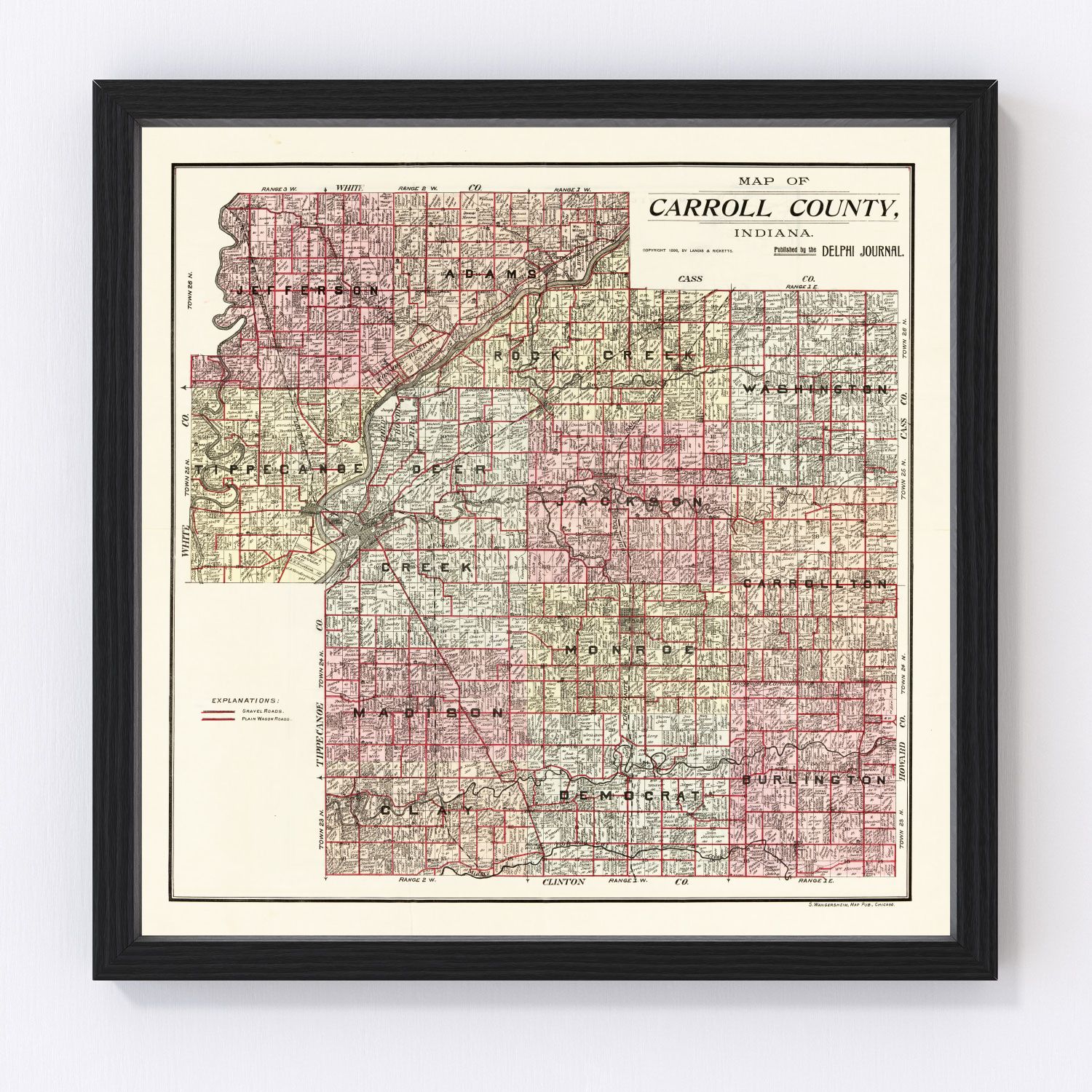 Vintage map of Carroll County, Indiana, 1898, restored vintage wall art print