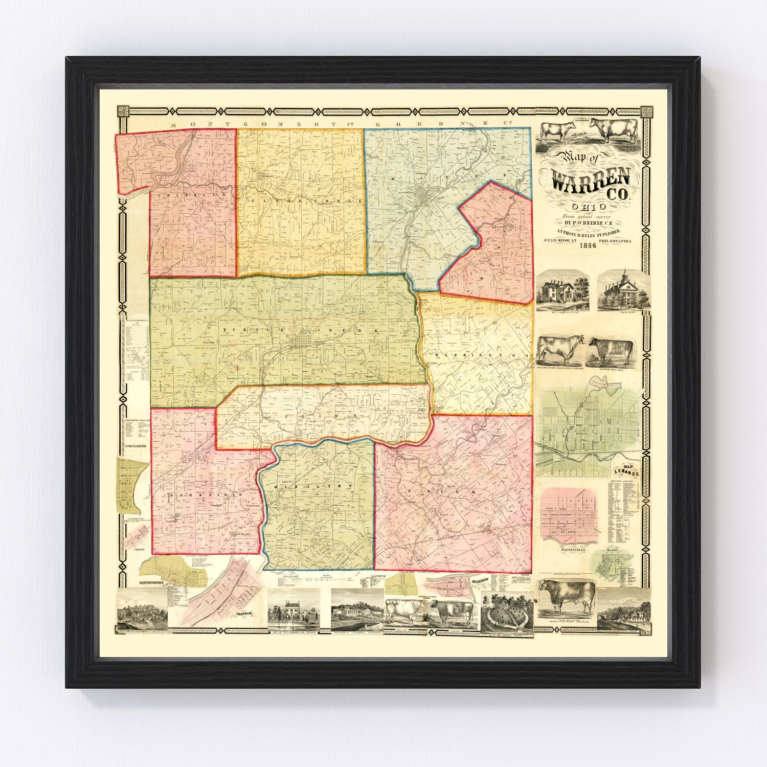 Vintage map of Warren County, Ohio, 1856, digitally restored