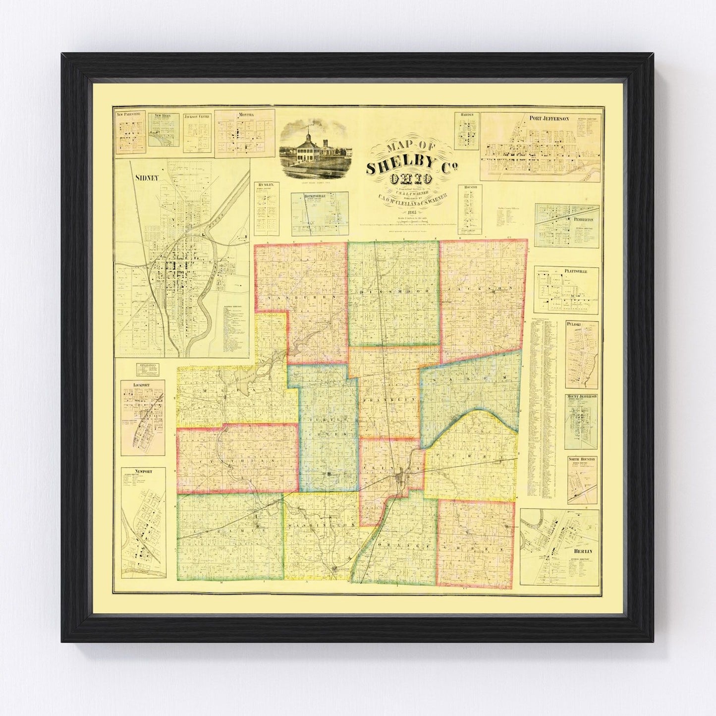Vintage map of Shelby County, Ohio, 1865